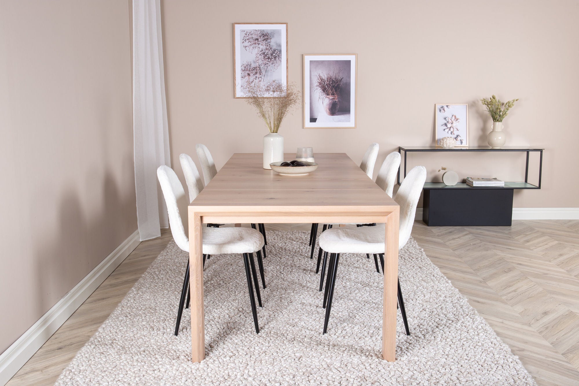 Venture Home Slider Extention bord - White Wash - 170+40+40cm +Polar Fluff Spisebordsstol - B