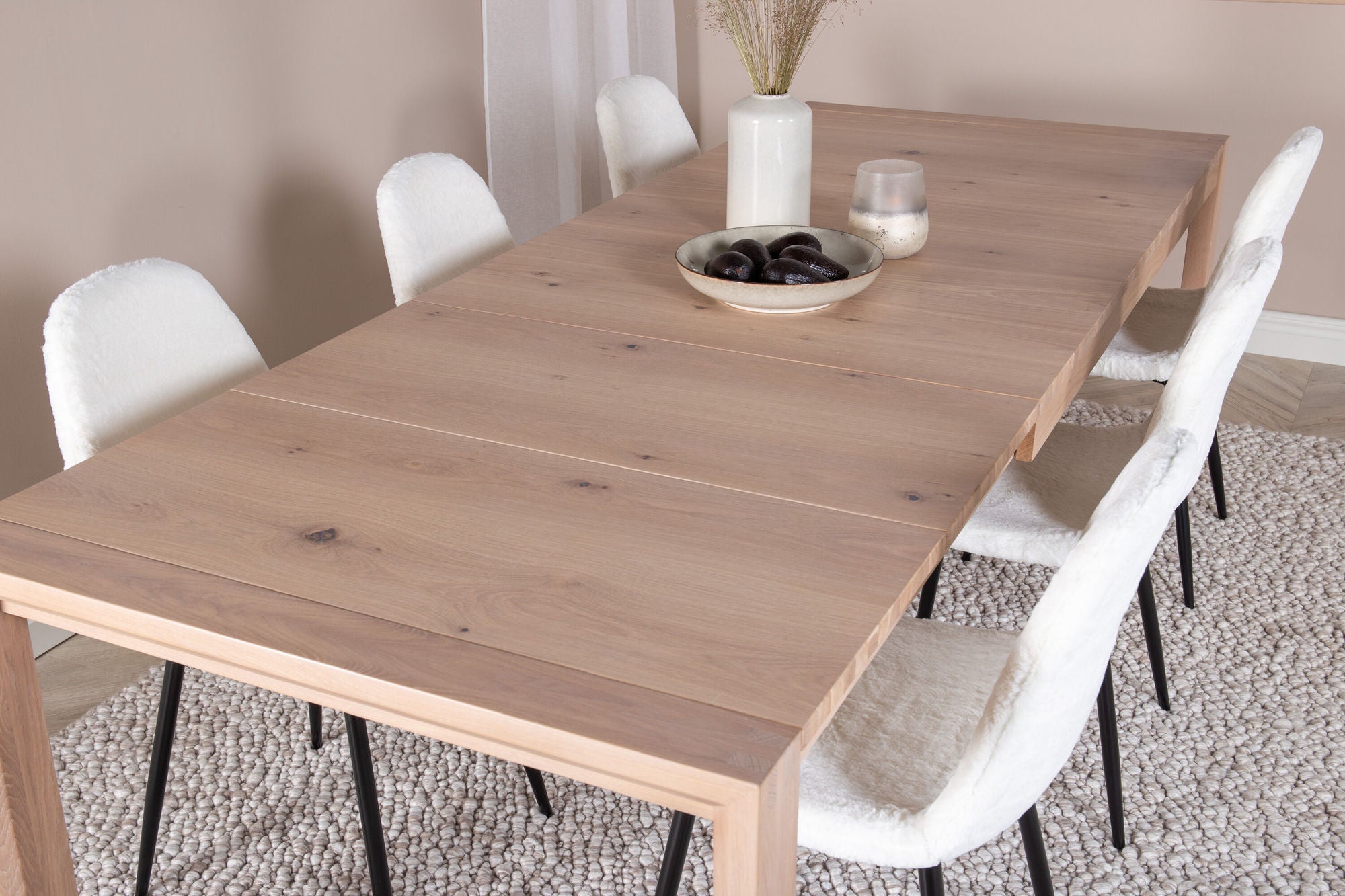 Venture Home Slider Extention bord - White Wash - 170+40+40cm +Polar Fluff Spisebordsstol - B