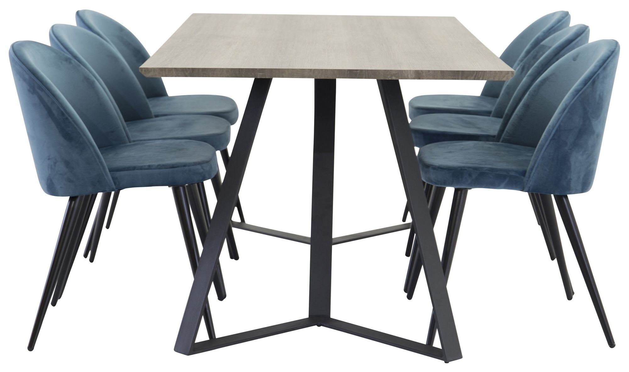 Venture Home Marina spisebord - Grey wood / black (1) + Velvet stol - Blue (6)