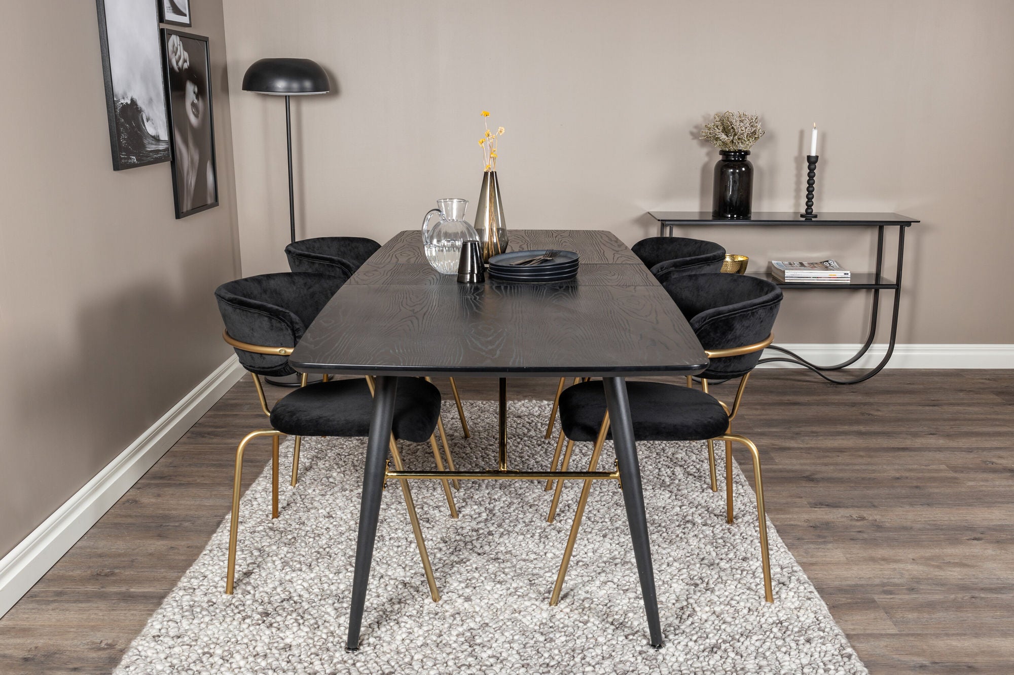 Venture Home Gold Extention bord - 180/220*85*H76 Black Veneer - Black legs - Brass details+Arrow armchair - Brass Legs - Black Velvet_4