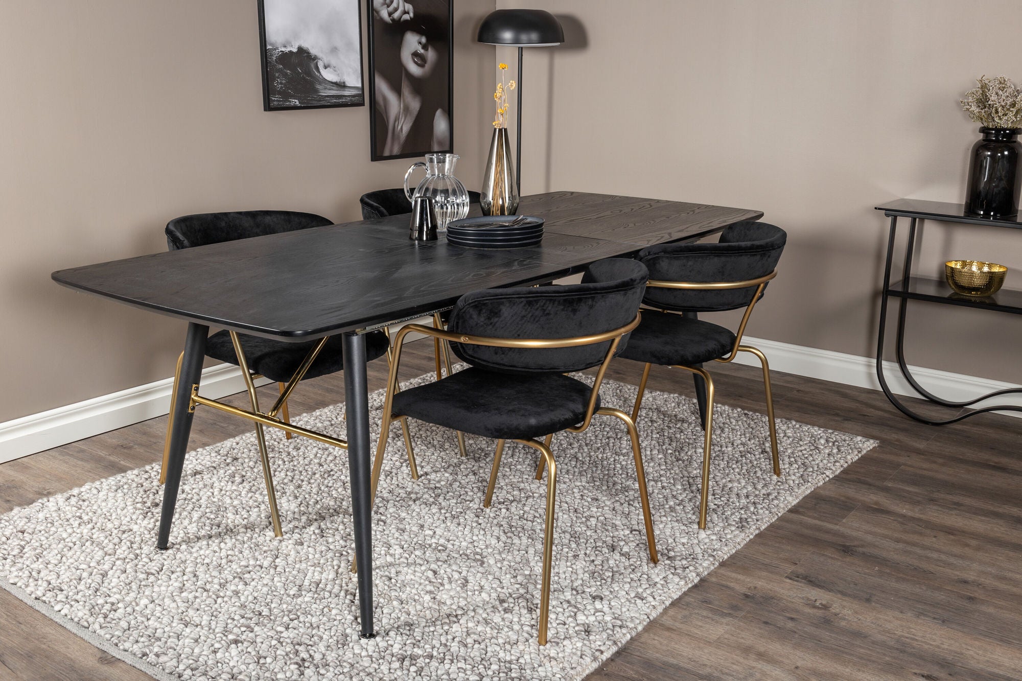 Venture Home Gold Extention bord - 180/220*85*H76 Black Veneer - Black legs - Brass details+Arrow armchair - Brass Legs - Black Velvet_4