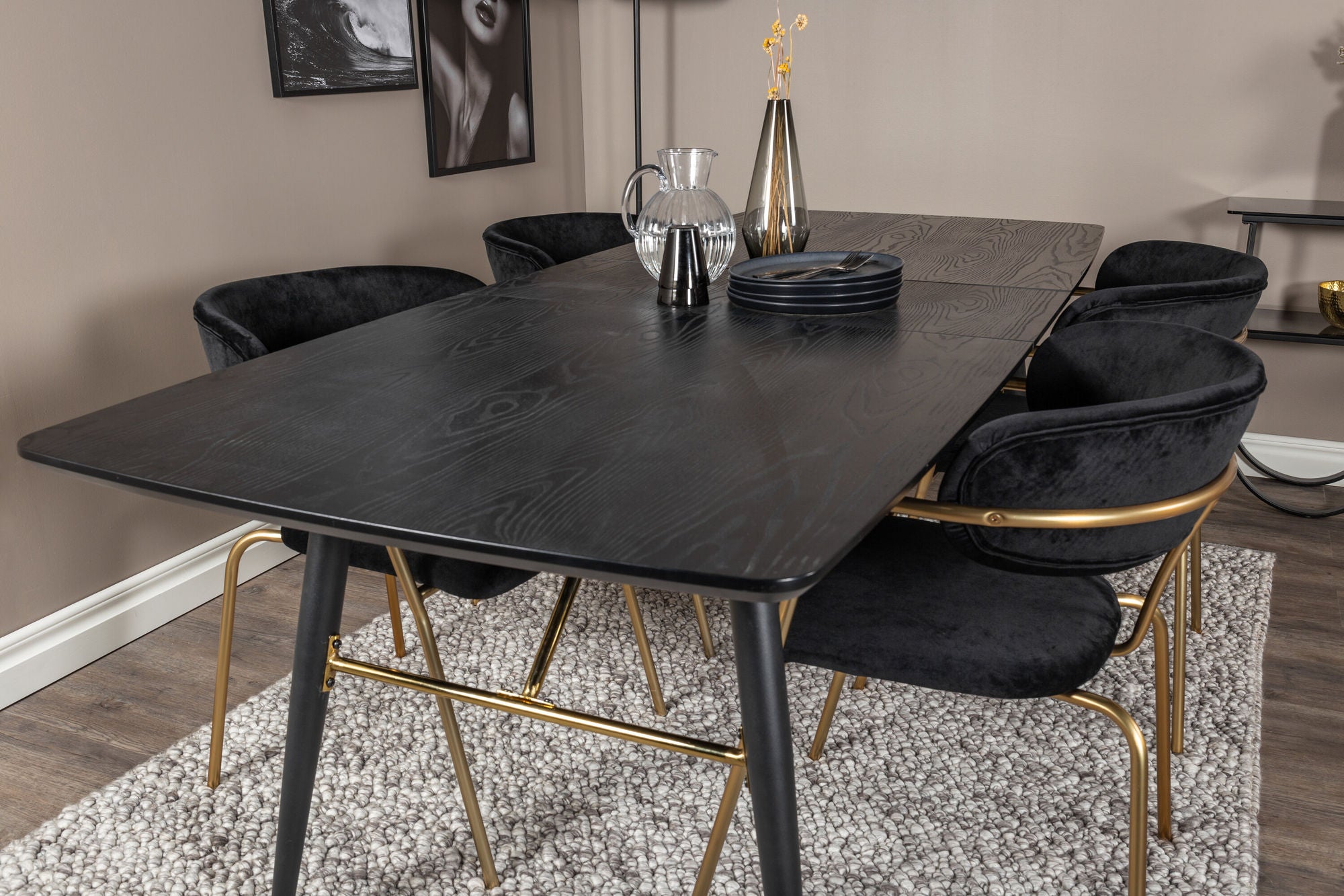 Venture Home Gold Extention bord - 180/220*85*H76 Black Veneer - Black legs - Brass details+Arrow armchair - Brass Legs - Black Velvet_4
