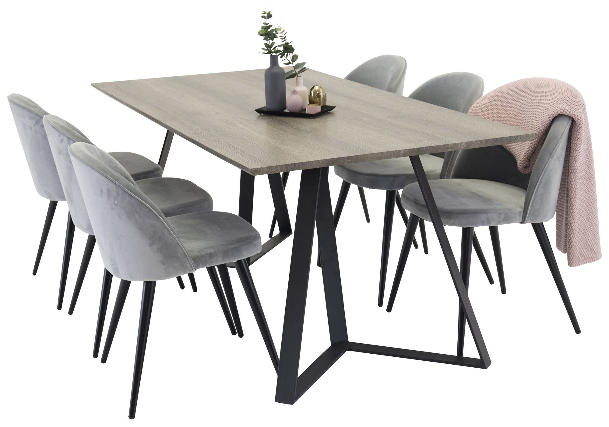Venture Home Marina spisebord - Grey wood / black (1) + Velvet stol - Grey (6)