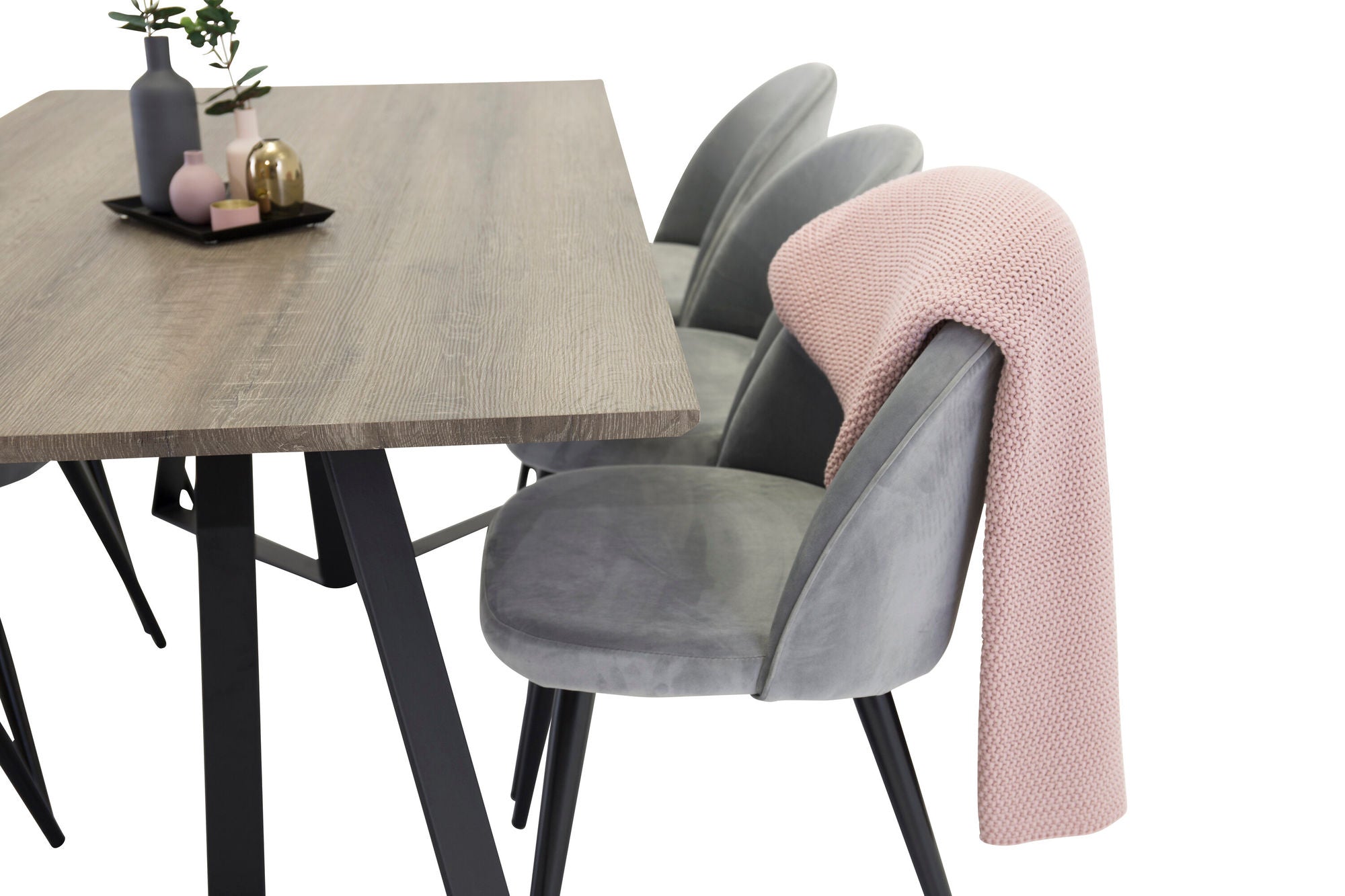 Venture Home Marina spisebord - Grey wood / black (1) + Velvet stol - Grey (6)