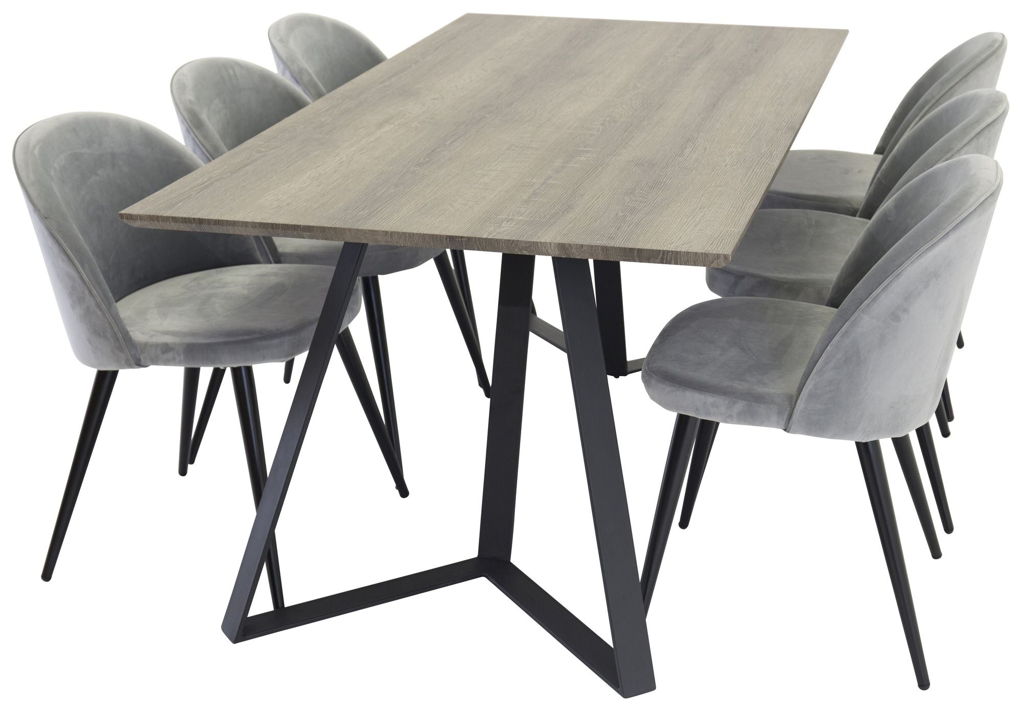 Venture Home Marina spisebord - Grey wood / black (1) + Velvet stol - Grey (6)