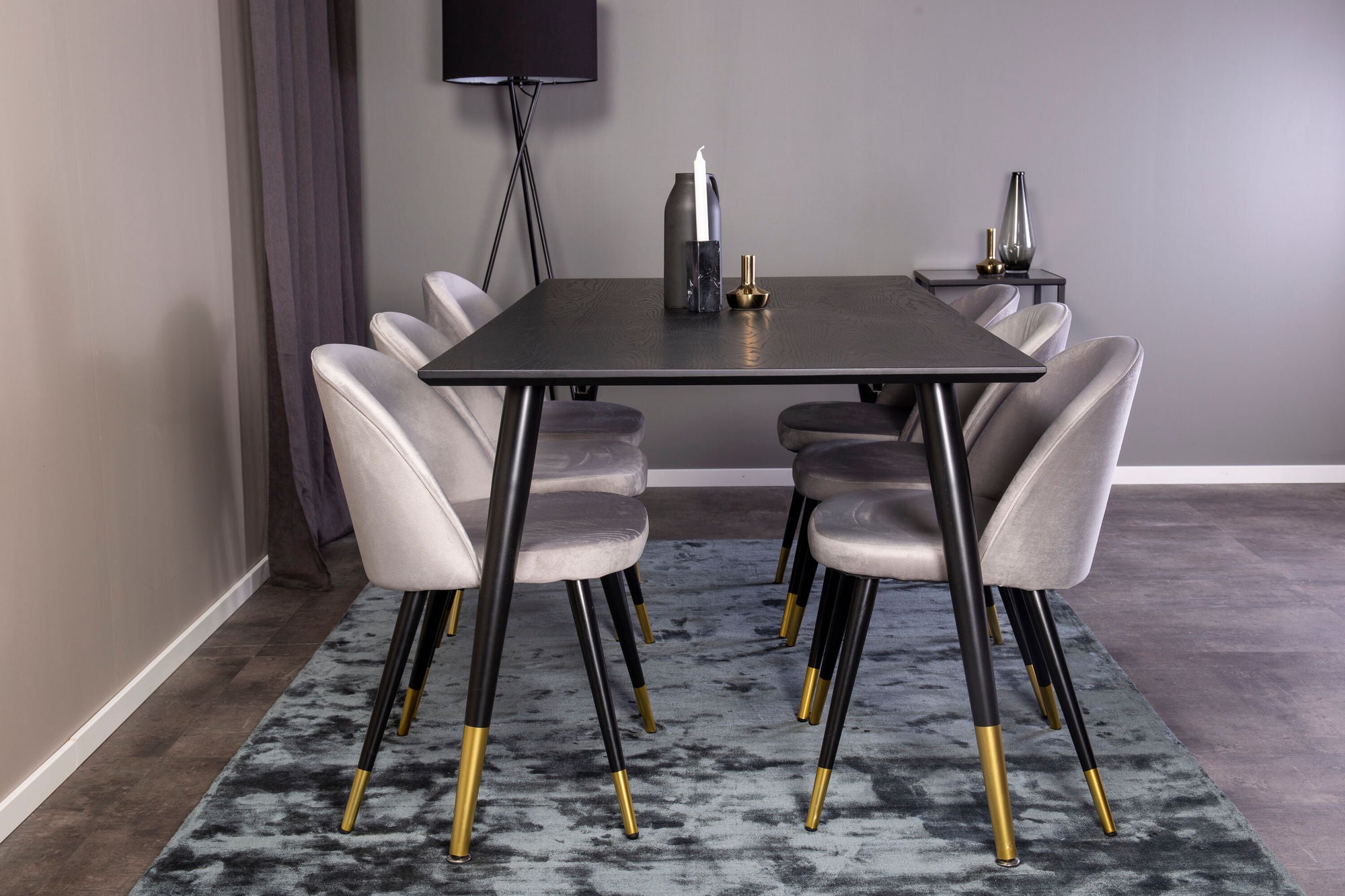 Venture Home Dipp spisebord - 180*90cm - Black Veneer / black legs w brass dipp +Velvet Ma
