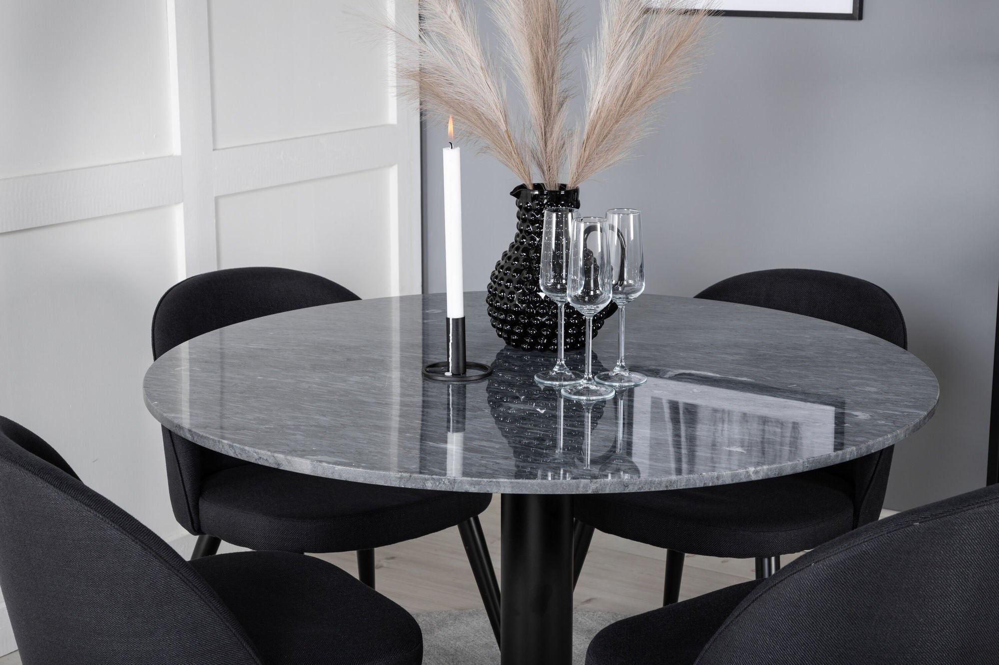Venture Home Estelle rund spisebord ø106 H75 - Black / Black+Velvet Dining Chiar - Black legs- Black Fabric_4