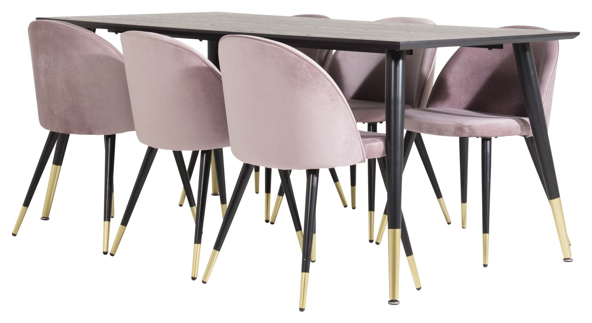 Venture Home Dipp spisebord - 180*90cm - Black Veneer / black legs w brass dipp - Velvet Spisebordsstol Brass - Pink / Black 6