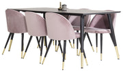 Venture Home Dipp spisebord - 180*90cm - Black Veneer / black legs w brass dipp - Velvet Spisebordsstol Brass - Pink / Black 6