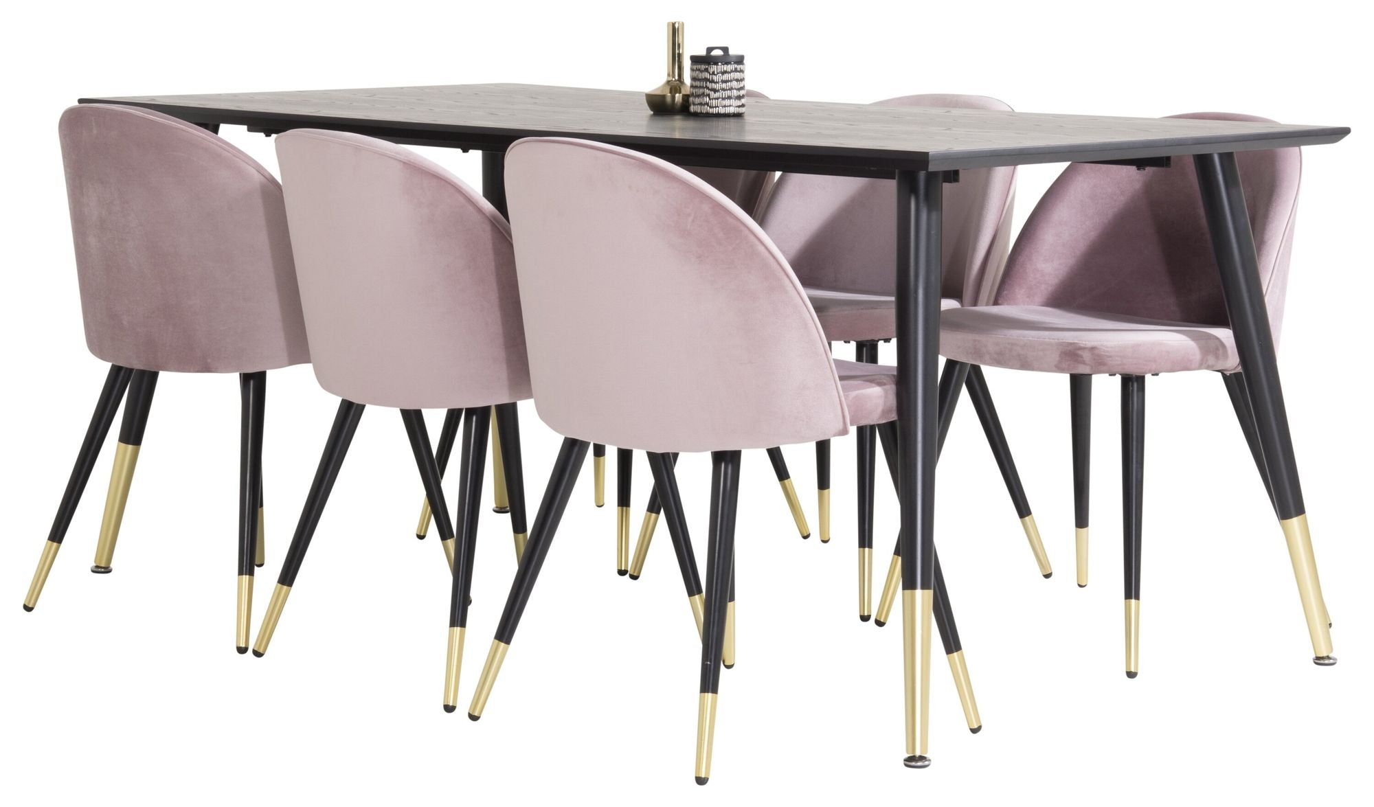 Venture Home Dipp spisebord - 180*90cm - Black Veneer / black legs w brass dipp - Velvet Spisebordsstol Brass - Pink / Black 6