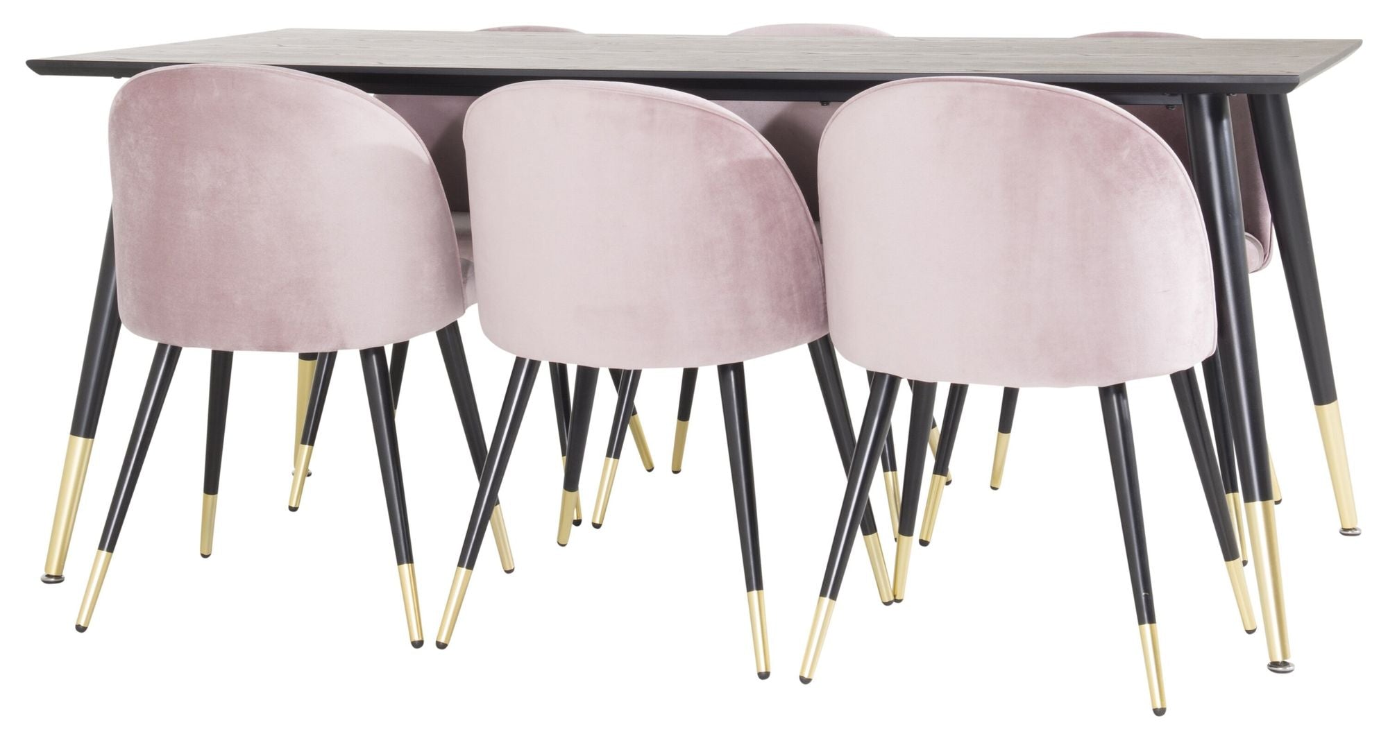 Venture Home Dipp spisebord - 180*90cm - Black Veneer / black legs w brass dipp - Velvet Spisebordsstol Brass - Pink / Black 6