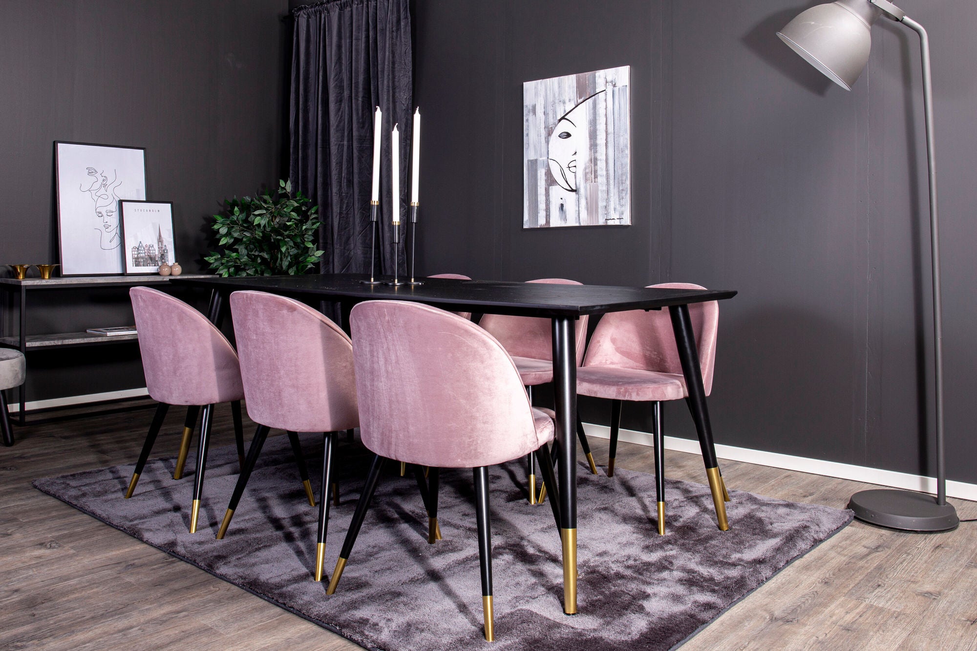 Venture Home Dipp spisebord - 180*90cm - Black Veneer / black legs w brass dipp - Velvet Spisebordsstol Brass - Pink / Black 6