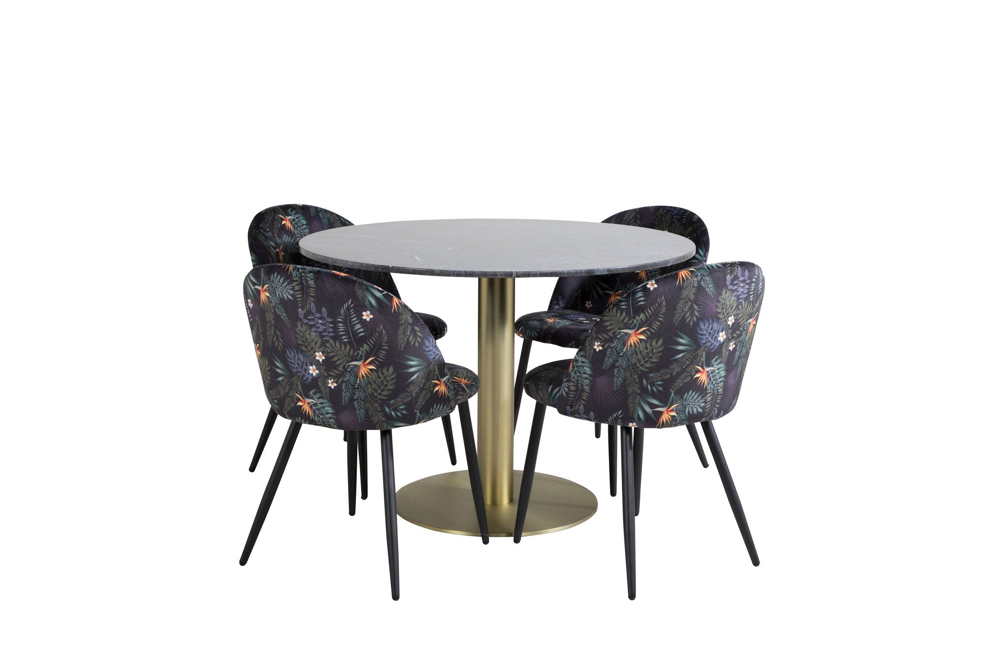 Venture Home Estelle rund spisebord ø106 H75 - Black / Brass+Velvet Spisebordsstol - Black Flower fabric_4