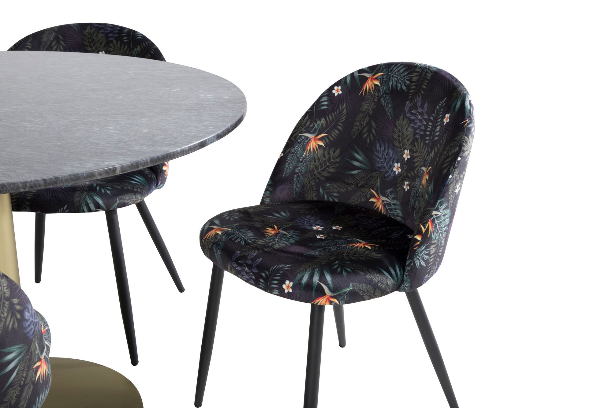 Venture Home Estelle rund spisebord ø106 H75 - Black / Brass+Velvet Spisebordsstol - Black Flower fabric_4
