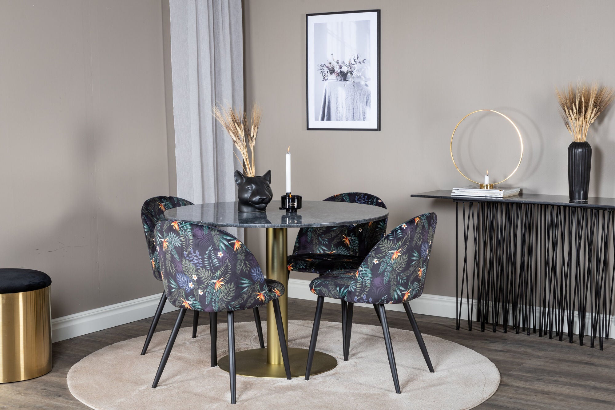 Venture Home Estelle rund spisebord ø106 H75 - Black / Brass+Velvet Spisebordsstol - Black Flower fabric_4