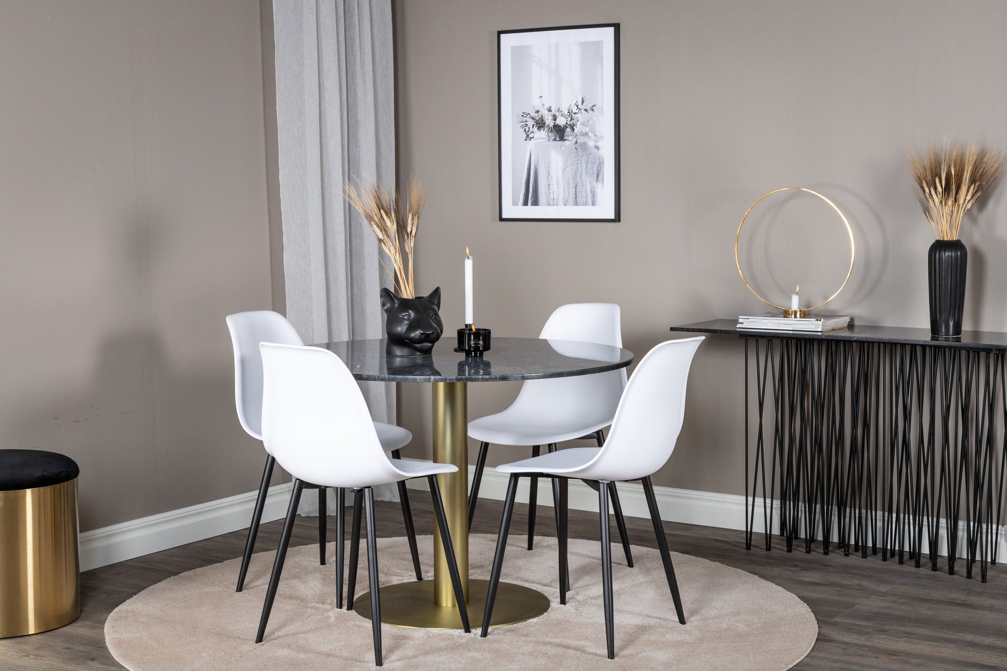 Venture Home Estelle rund spisebord ø106 H75 - Black / Brass+Polar Plastic Spisebordsstol - Black Legs / White Plastic_4