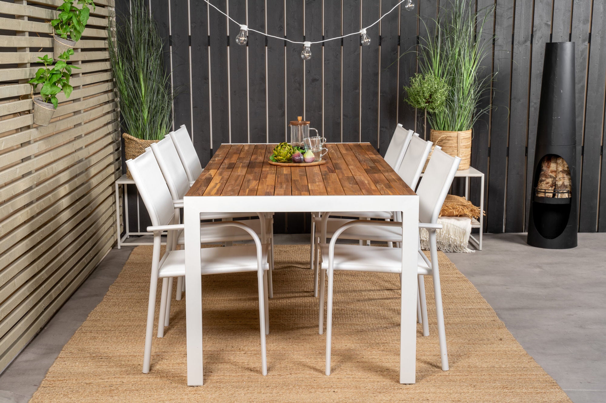 Venture Home Bois spisebord 200*100cm - White Alu / Acacia +Santorini Arm stol (Stackable) - White Alu / White Textilene_6