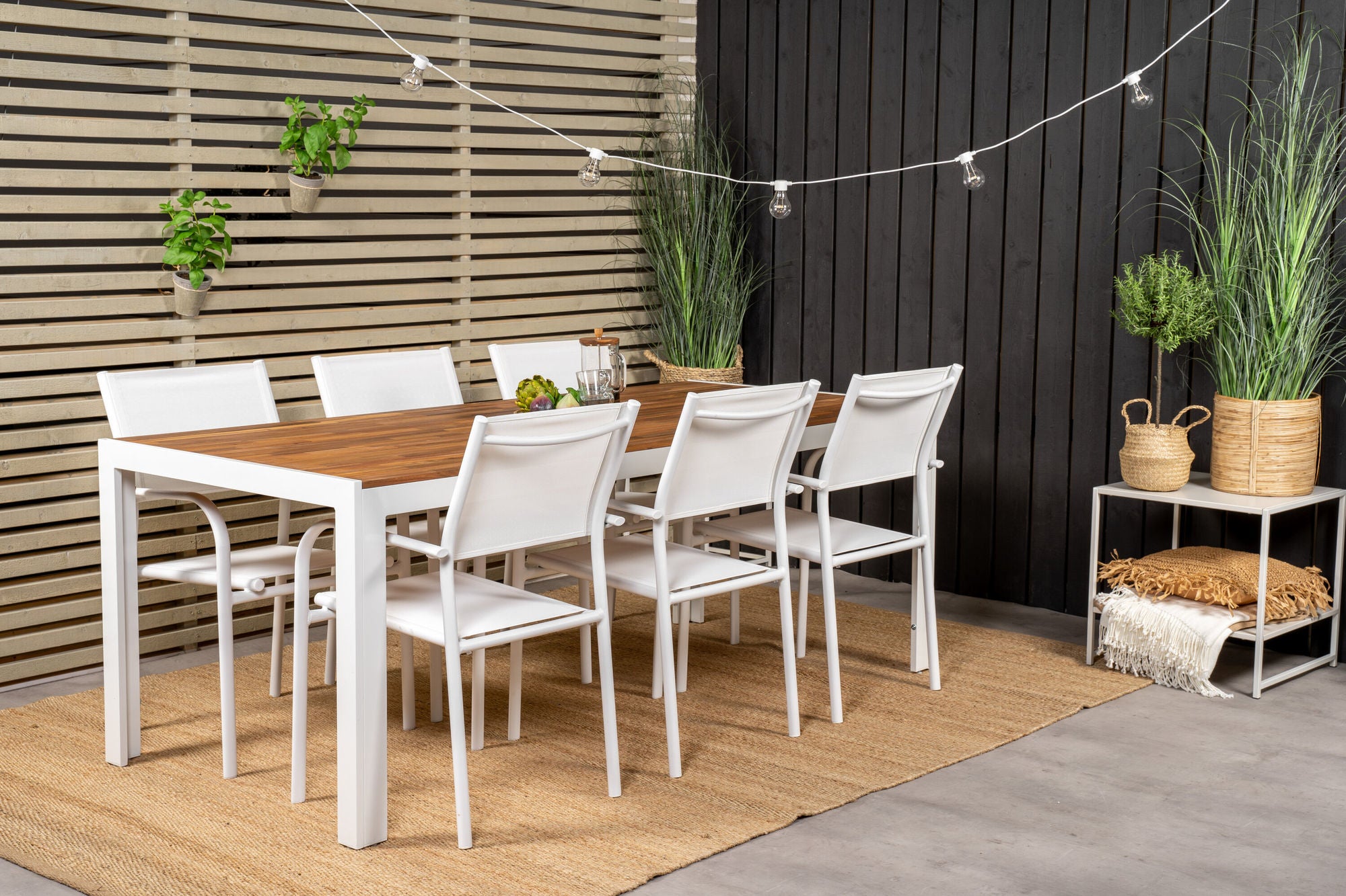 Venture Home Bois spisebord 200*100cm - White Alu / Acacia +Santorini Arm stol (Stackable) - White Alu / White Textilene_6