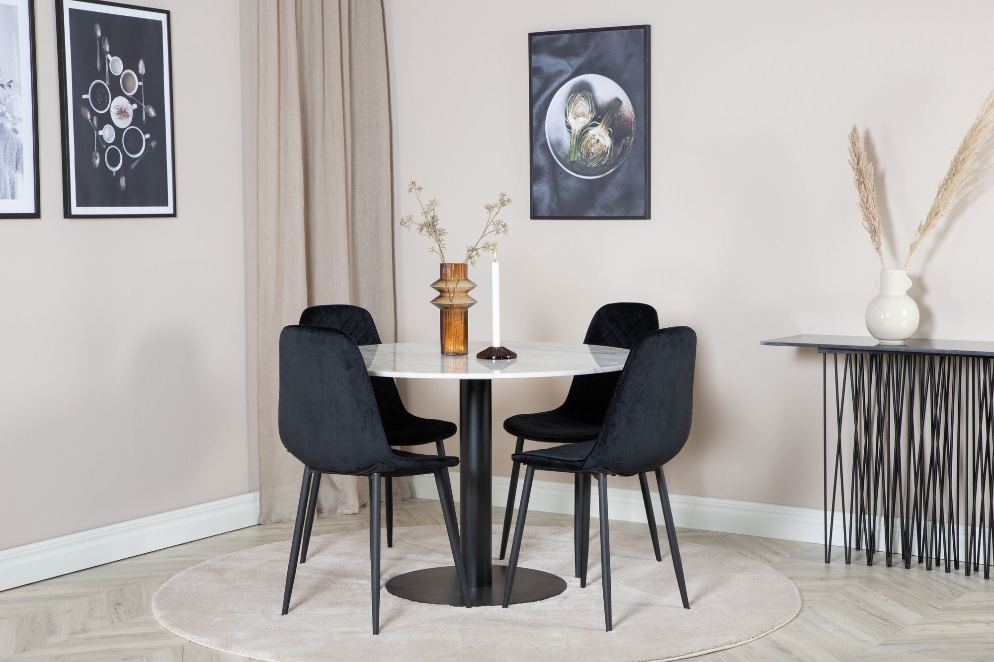 Venture Home Estelle rund spisebord ø106 H75 - White / Black+Polar Diamond Spisebordsstol - Black Legs - Black Velvet_4
