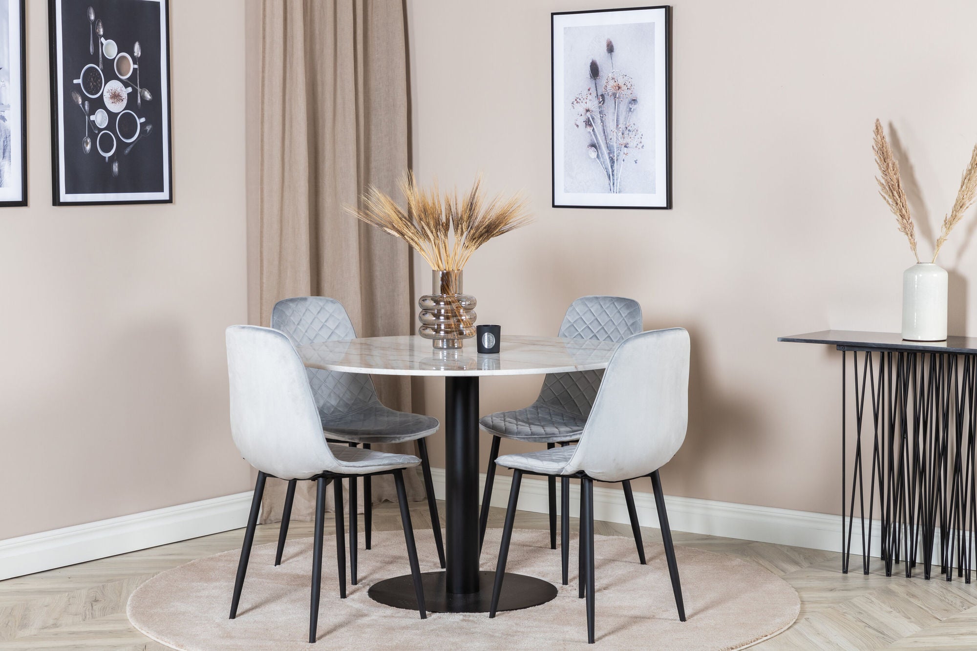 Venture Home Estelle rund spisebord ø106 H75 - White / Black+Polar Diamond Spisebordsstol - Black Legs - Grey Velvet_4