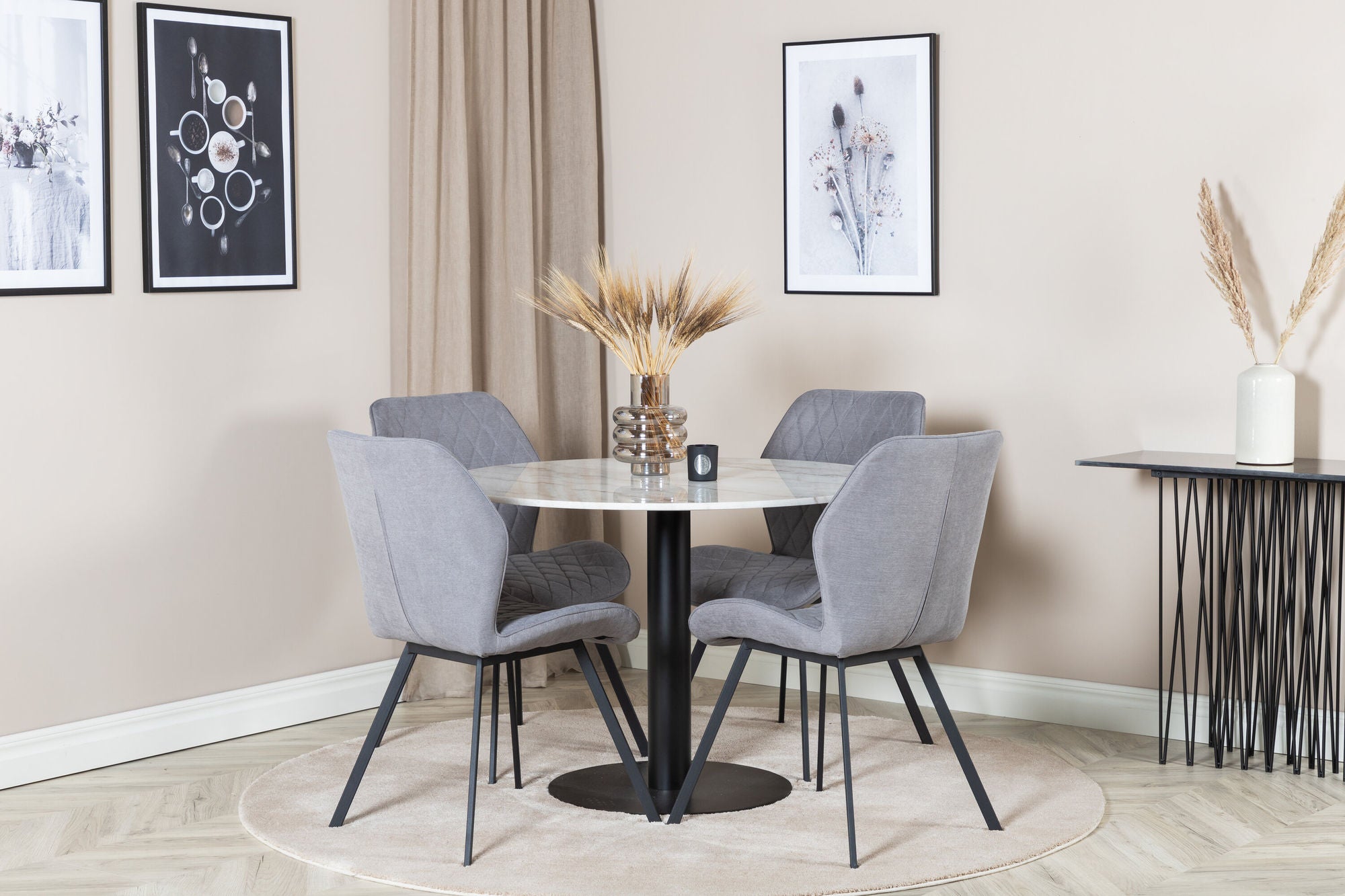 Venture Home Estelle rund spisebord ø106 H75 - White / Black+Gemma Spisebordsstol - Black Legs - Grey Fabric_4