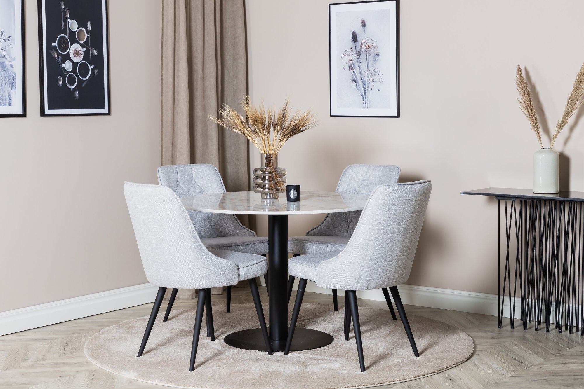 Venture Home Estelle rund spisebord ø106 H75 - White / Black+Velvet Deluxe Spisebordsstol - Black Legs - Light Grey Fabric_4