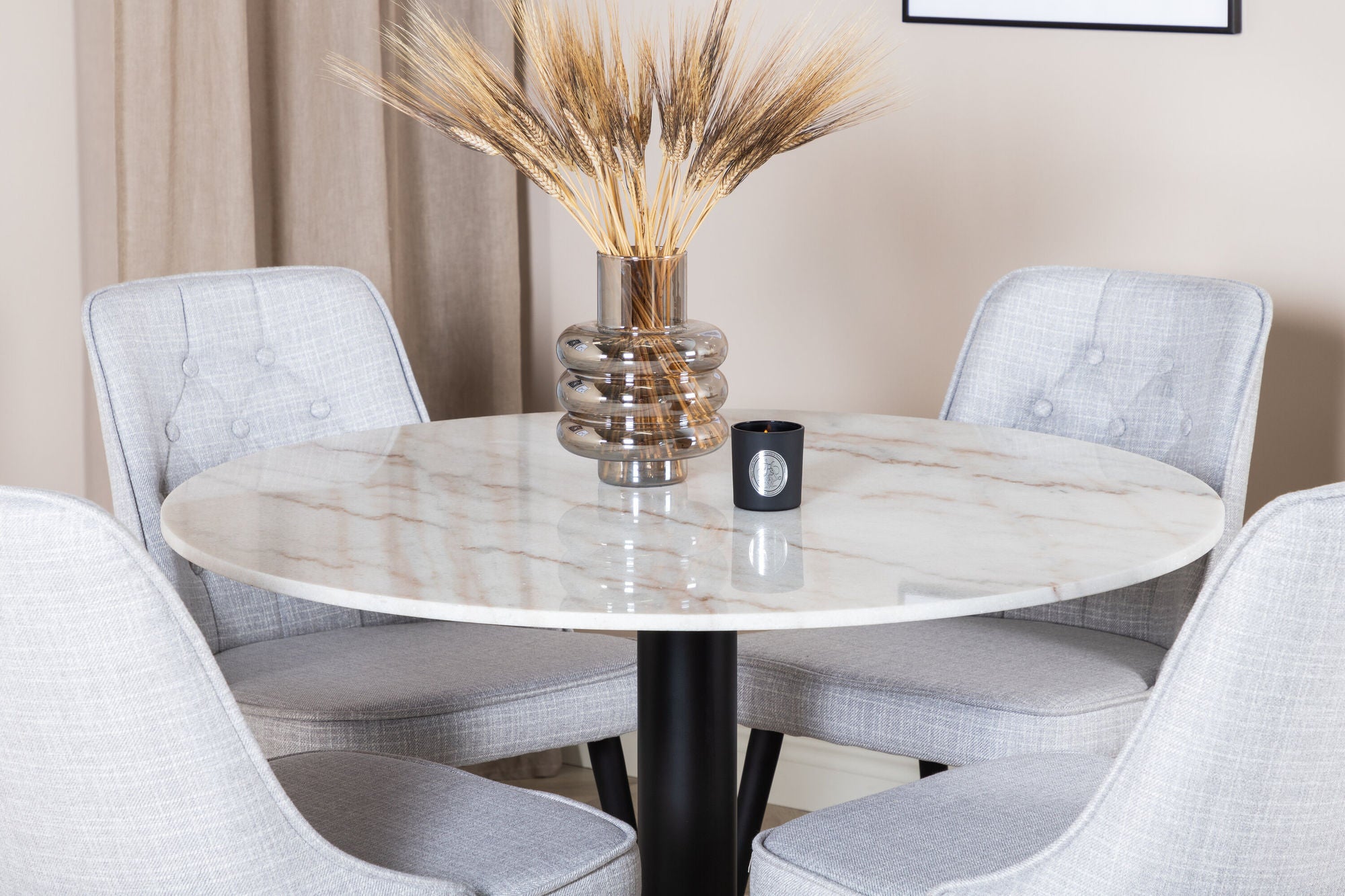 Venture Home Estelle rund spisebord ø106 H75 - White / Black+Velvet Deluxe Spisebordsstol - Black Legs - Light Grey Fabric_4