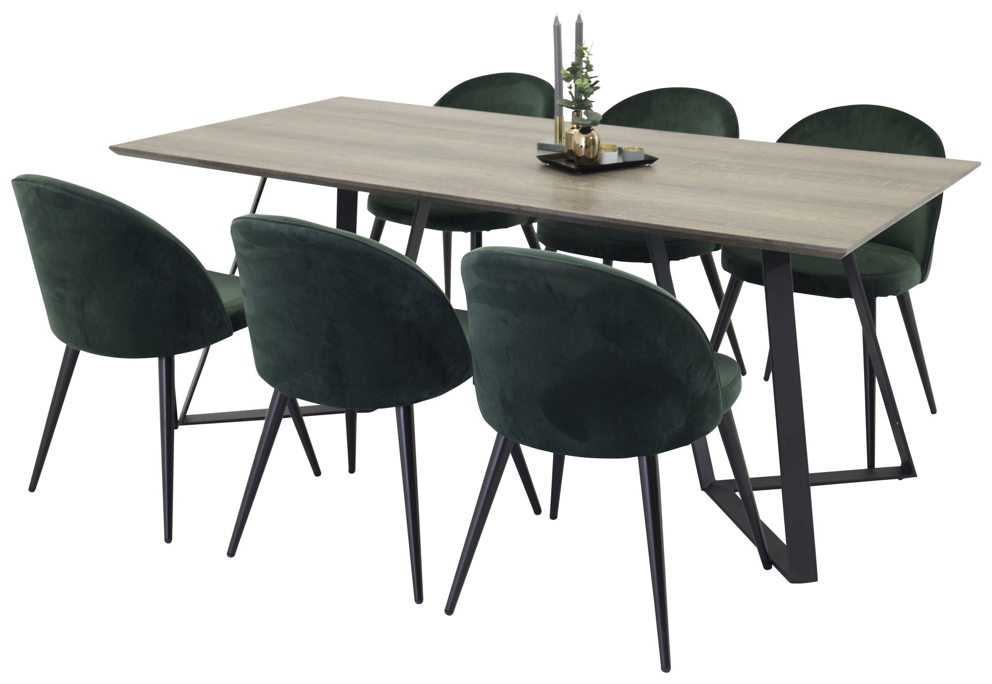 Venture Home Marina spisebord - Grey wood / black (1) + Velvet stol - Green (6)