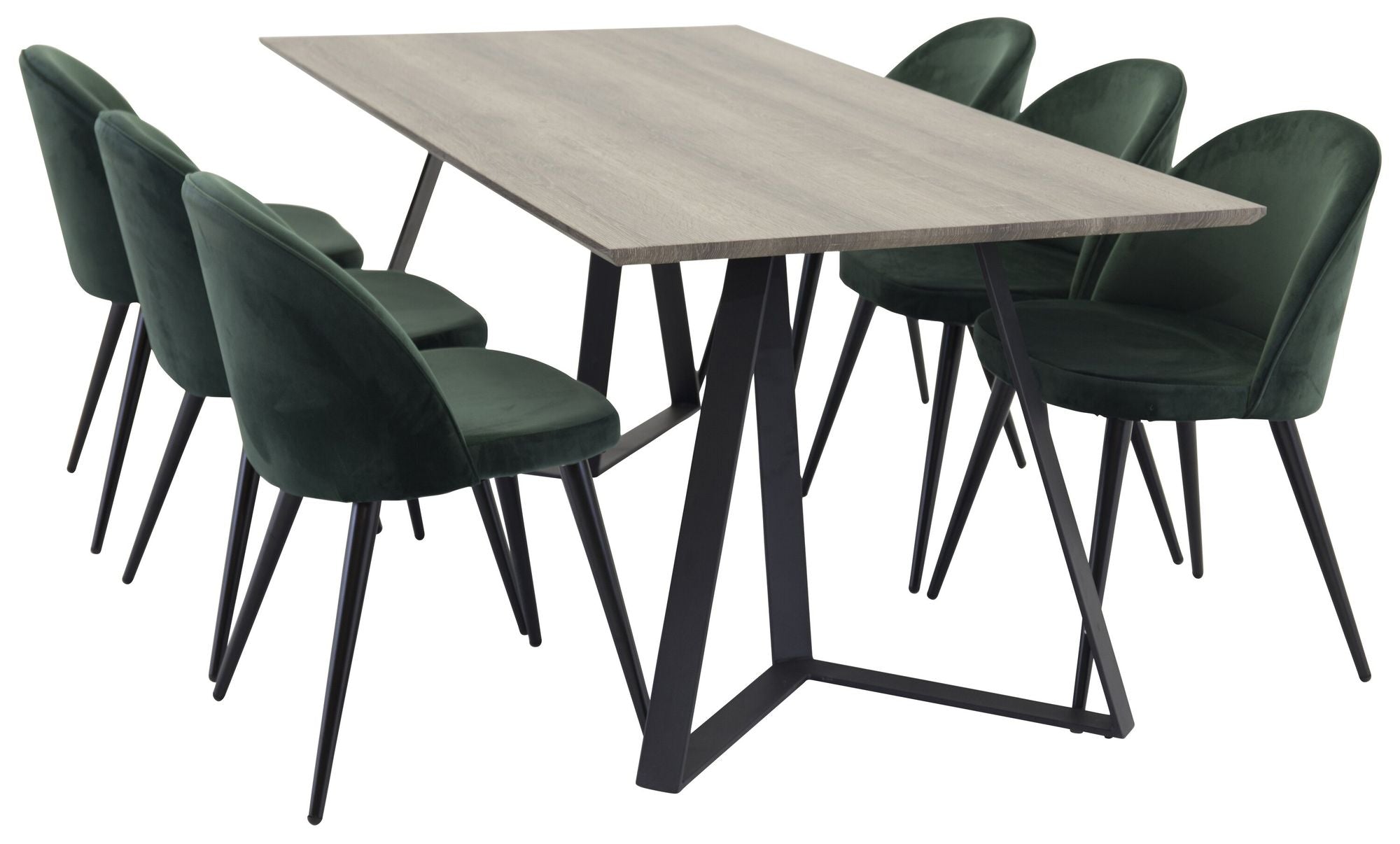 Venture Home Marina spisebord - Grey wood / black (1) + Velvet stol - Green (6)