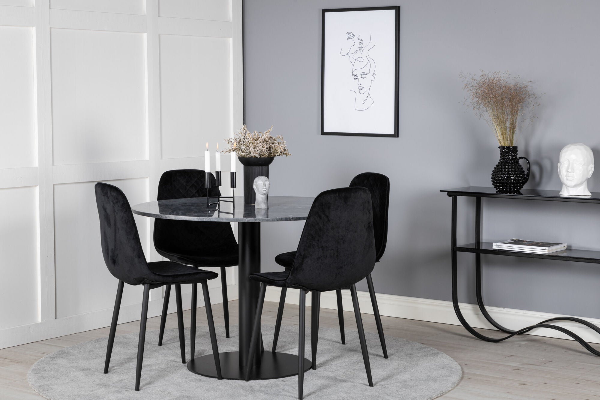 Venture Home Estelle rund spisebord ø106 H75 - Black / Black+Polar Diamond Spisebordsstol - Black Legs - Black Velvet_4