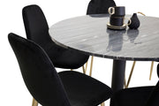 Venture Home Estelle spisebord round 106cm Grey Marble / Black Legs - Polar stol - Black Velvet / Matt brass leg 6