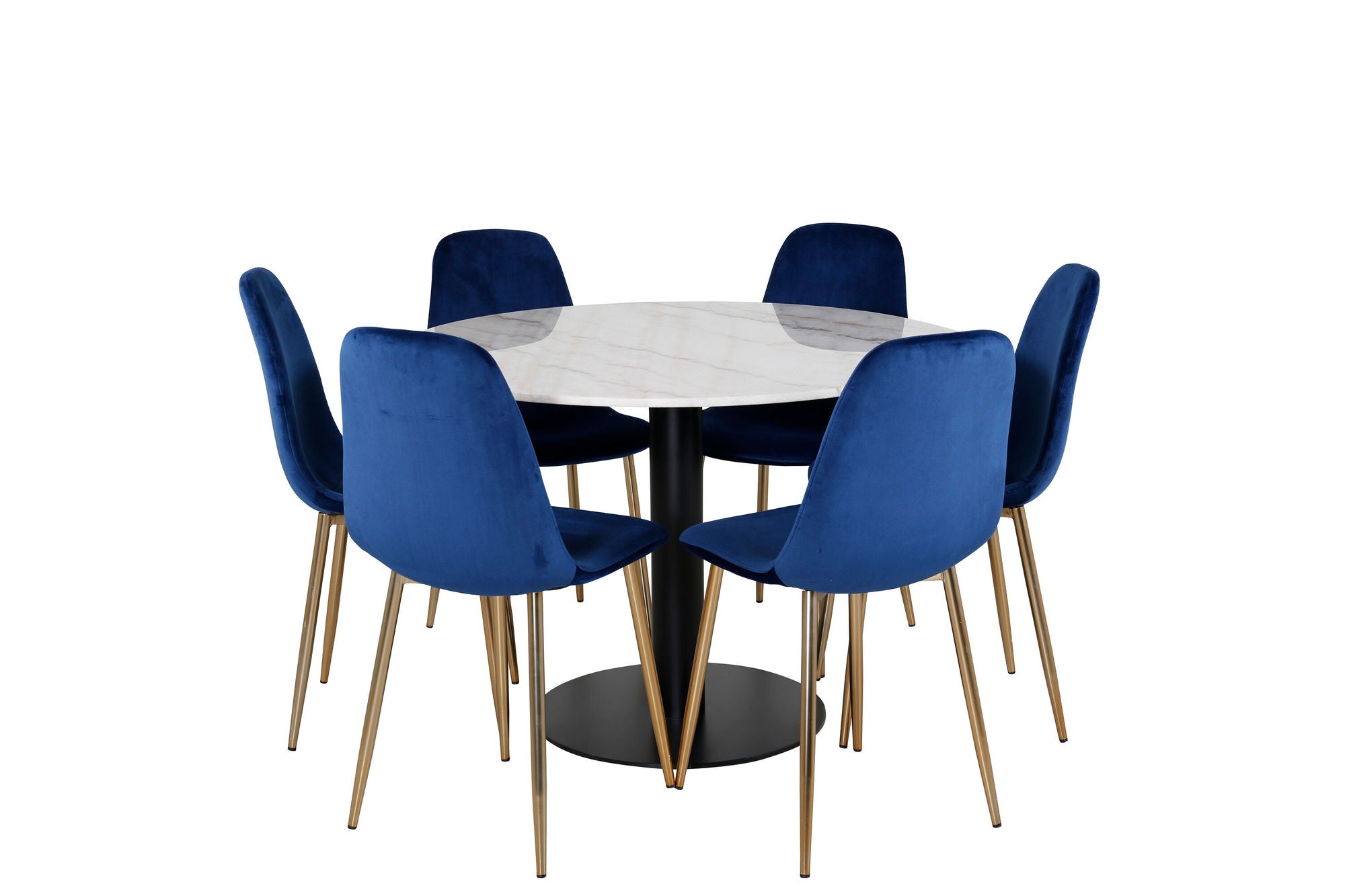Venture Home Estelle spisebord round 106cm White marble / Black Legs - Polar stol - Blue Velvet / Matt brass leg 6