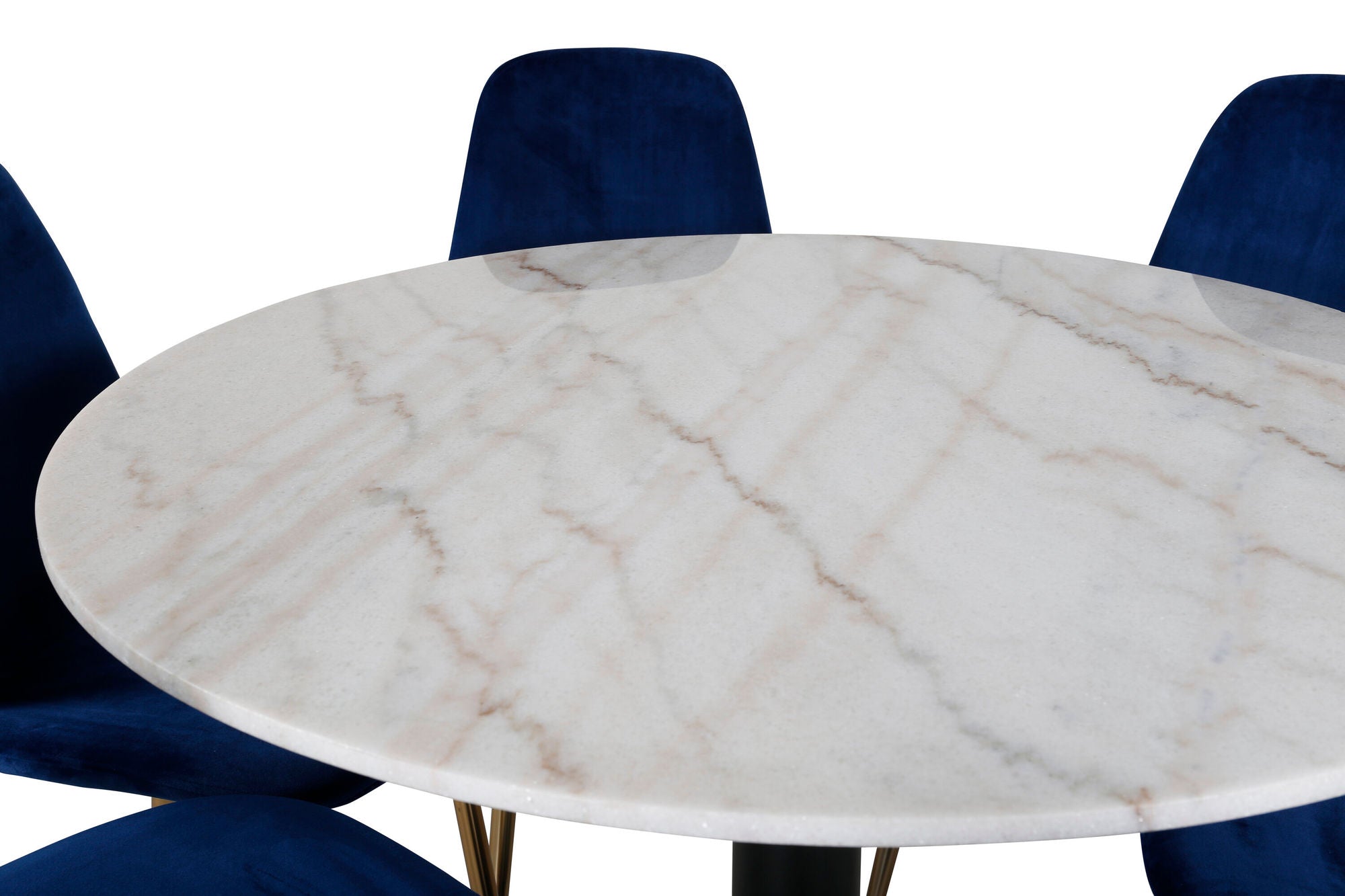 Venture Home Estelle spisebord round 106cm White marble / Black Legs - Polar stol - Blue Velvet / Matt brass leg 6