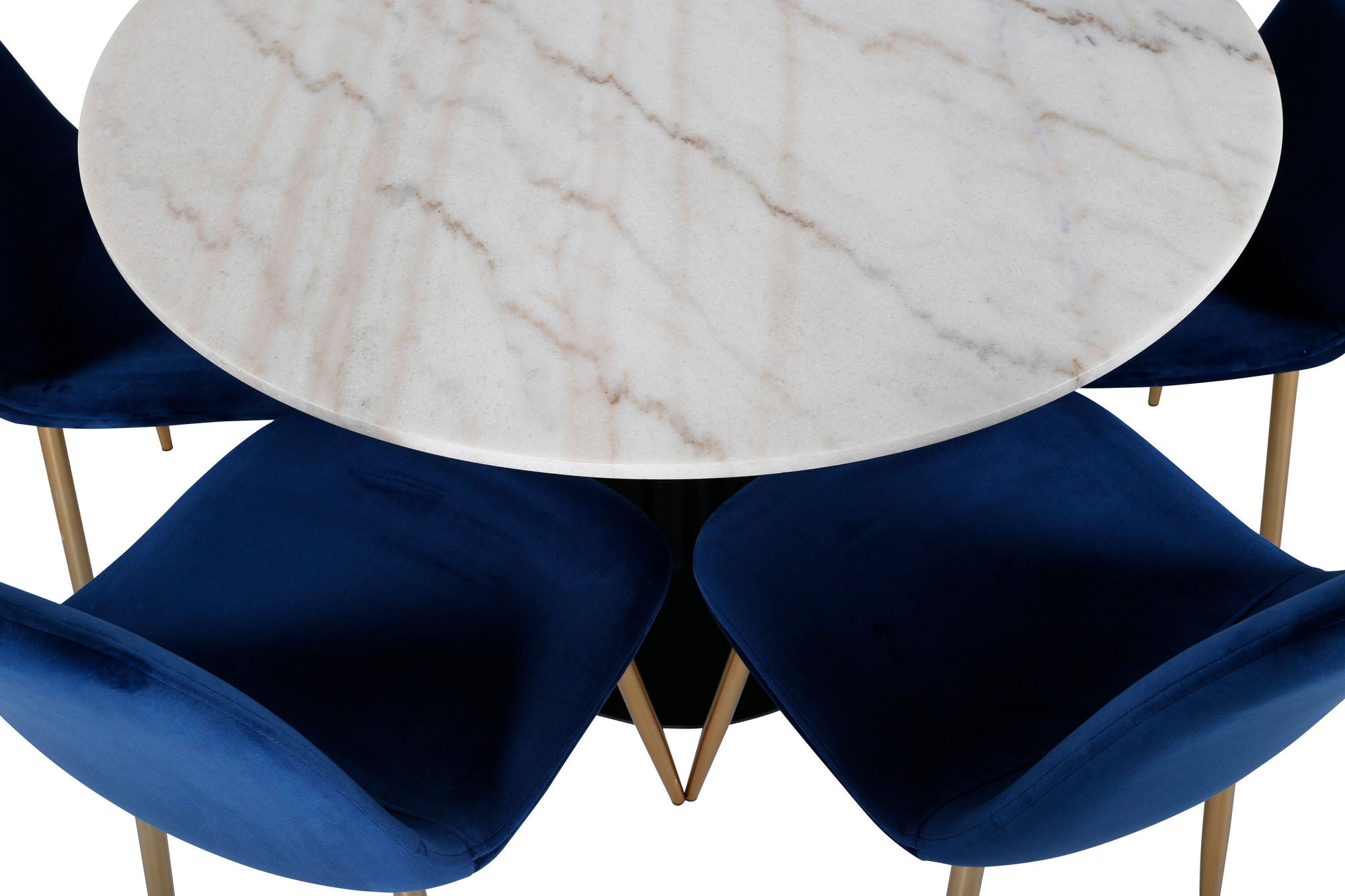 Venture Home Estelle spisebord round 106cm White marble / Black Legs - Polar stol - Blue Velvet / Matt brass leg 6