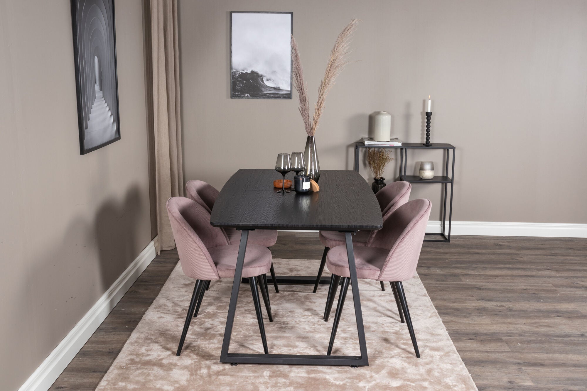 Venture Home Inca Extentionbord - Black top / black Legs+Velvet Spisebordsstol Corduroy - Pink / Black_4