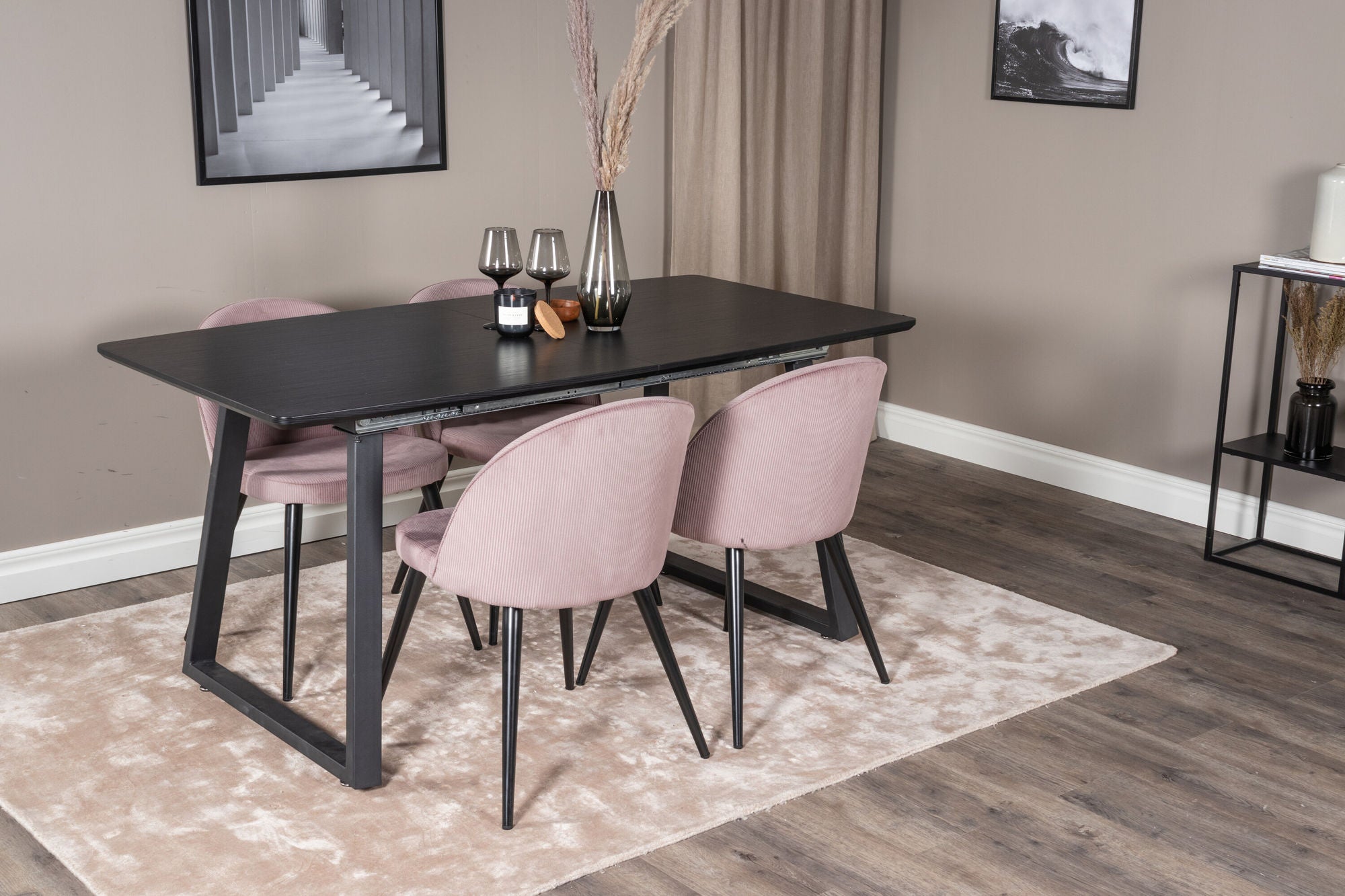 Venture Home Inca Extentionbord - Black top / black Legs+Velvet Spisebordsstol Corduroy - Pink / Black_4