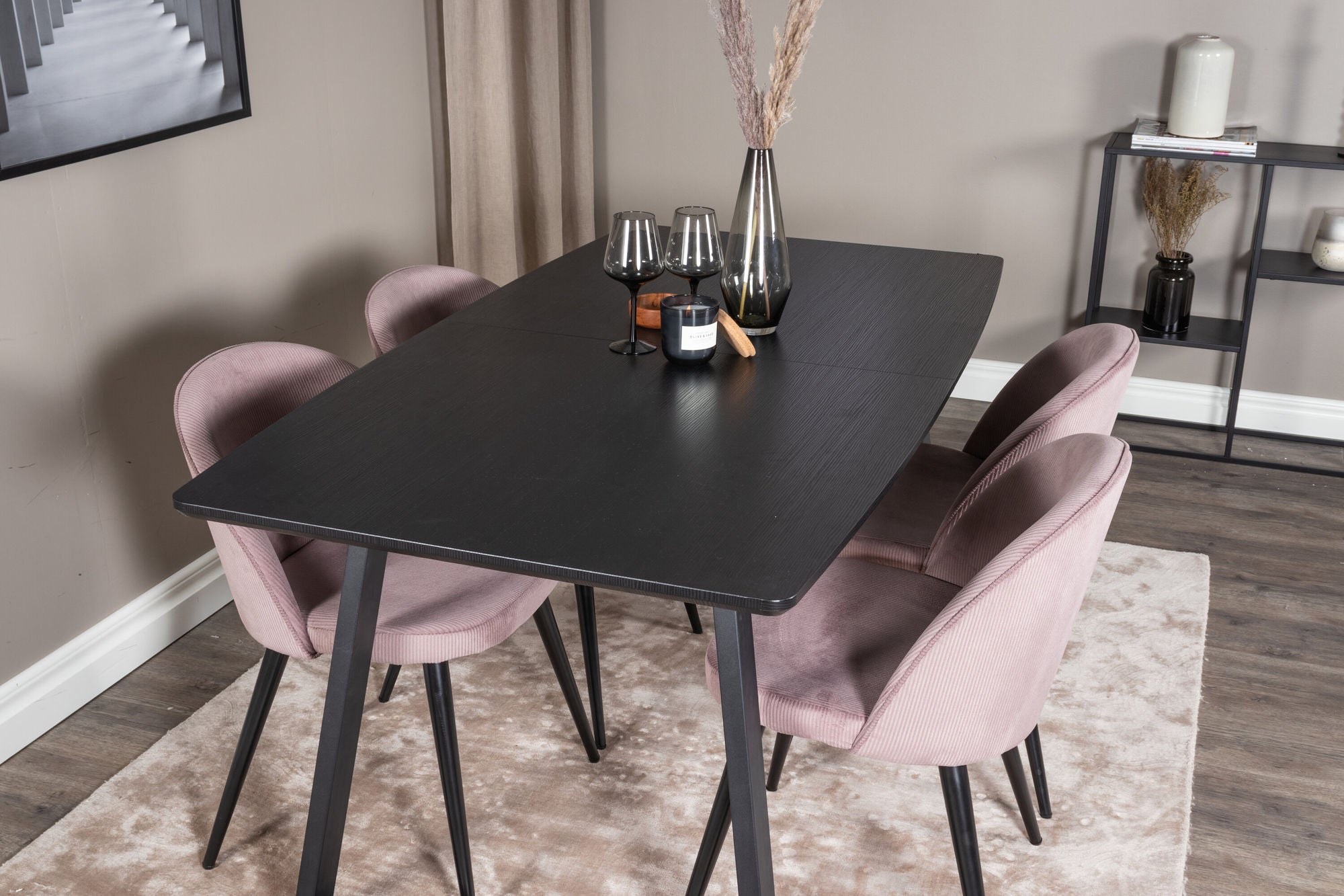 Venture Home Inca Extentionbord - Black top / black Legs+Velvet Spisebordsstol Corduroy - Pink / Black_4