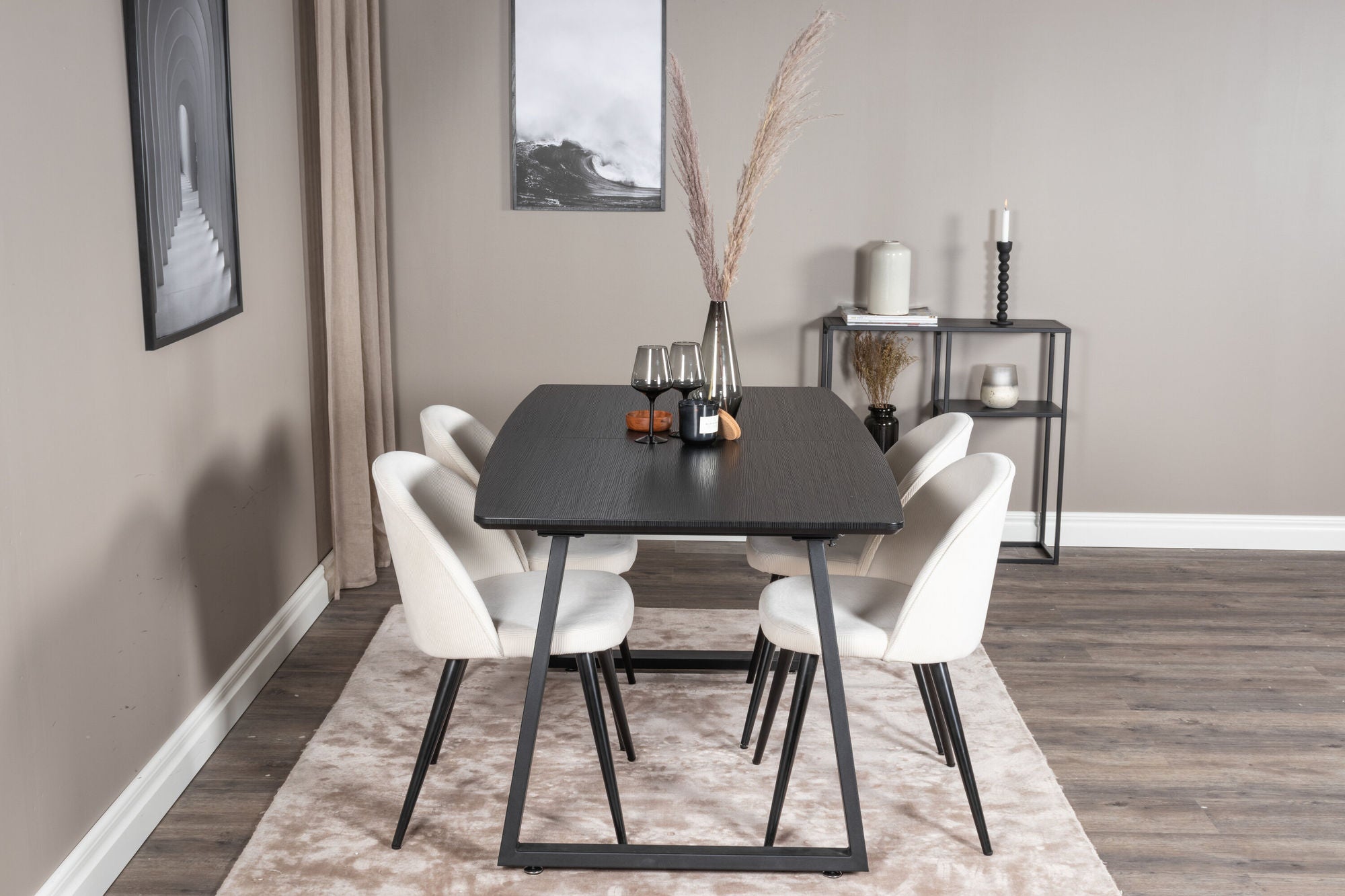 Venture Home Inca Extentionbord - Black top / black Legs+Velvet Spisebordsstol Corduroy - Beige / Black_4