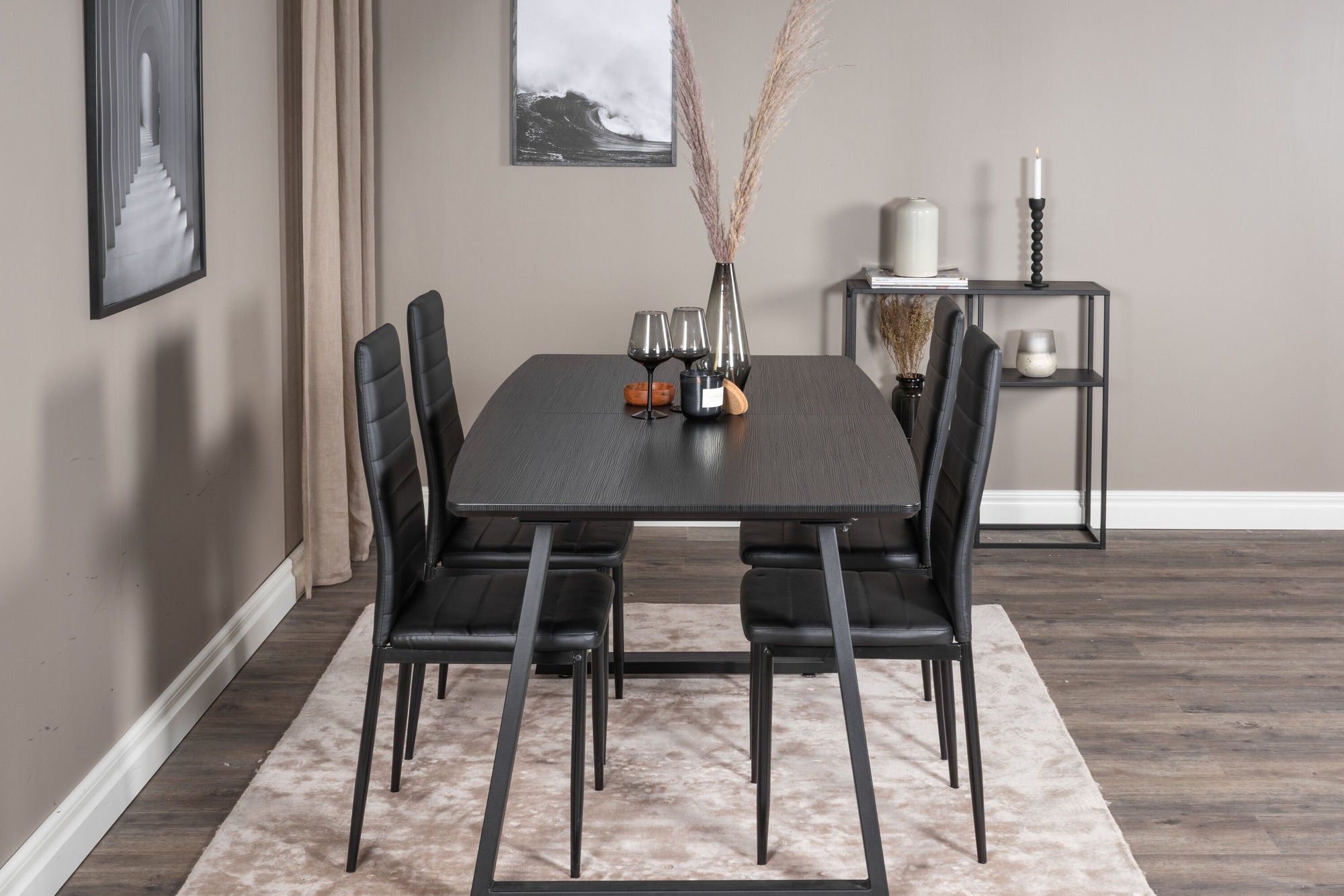 Venture Home Inca Extentionbord - Black top / black Legs+Slim High Back Spisebordsstol - Black Legs - Black PU_4