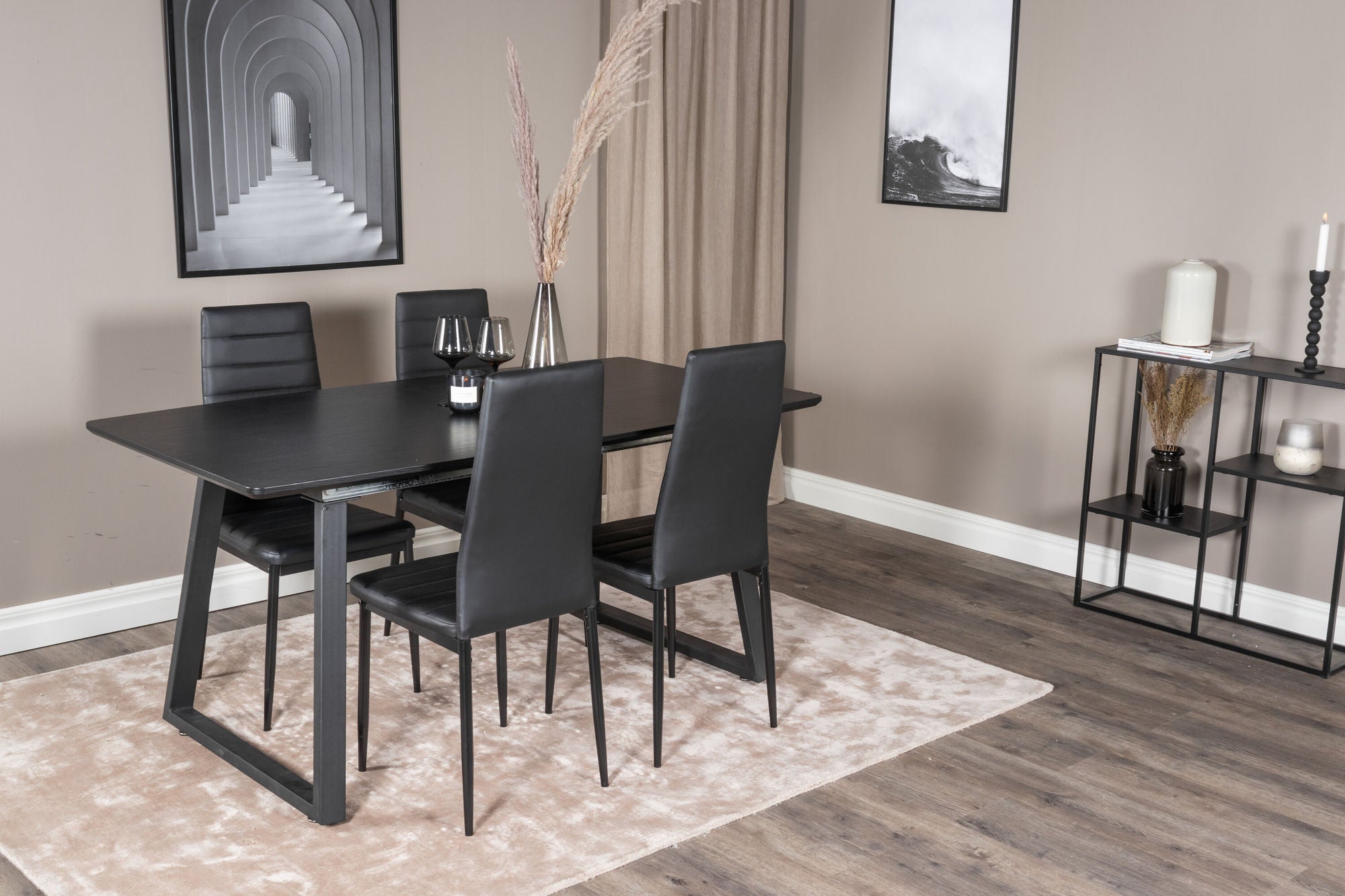 Venture Home Inca Extentionbord - Black top / black Legs+Slim High Back Spisebordsstol - Black Legs - Black PU_4