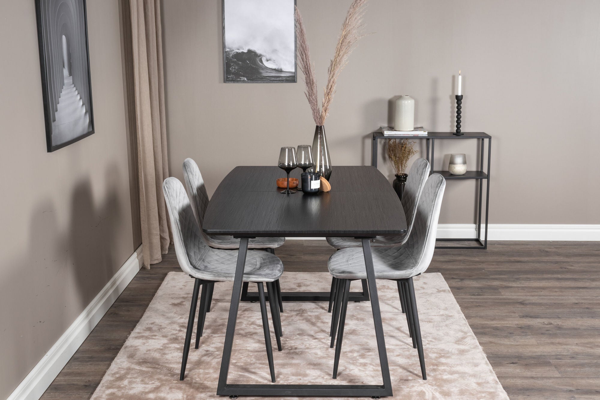 Venture Home Inca Extentionbord - Black top / black Legs+Polar Diamond Spisebordsstol - Black Legs - Grey Velvet_4
