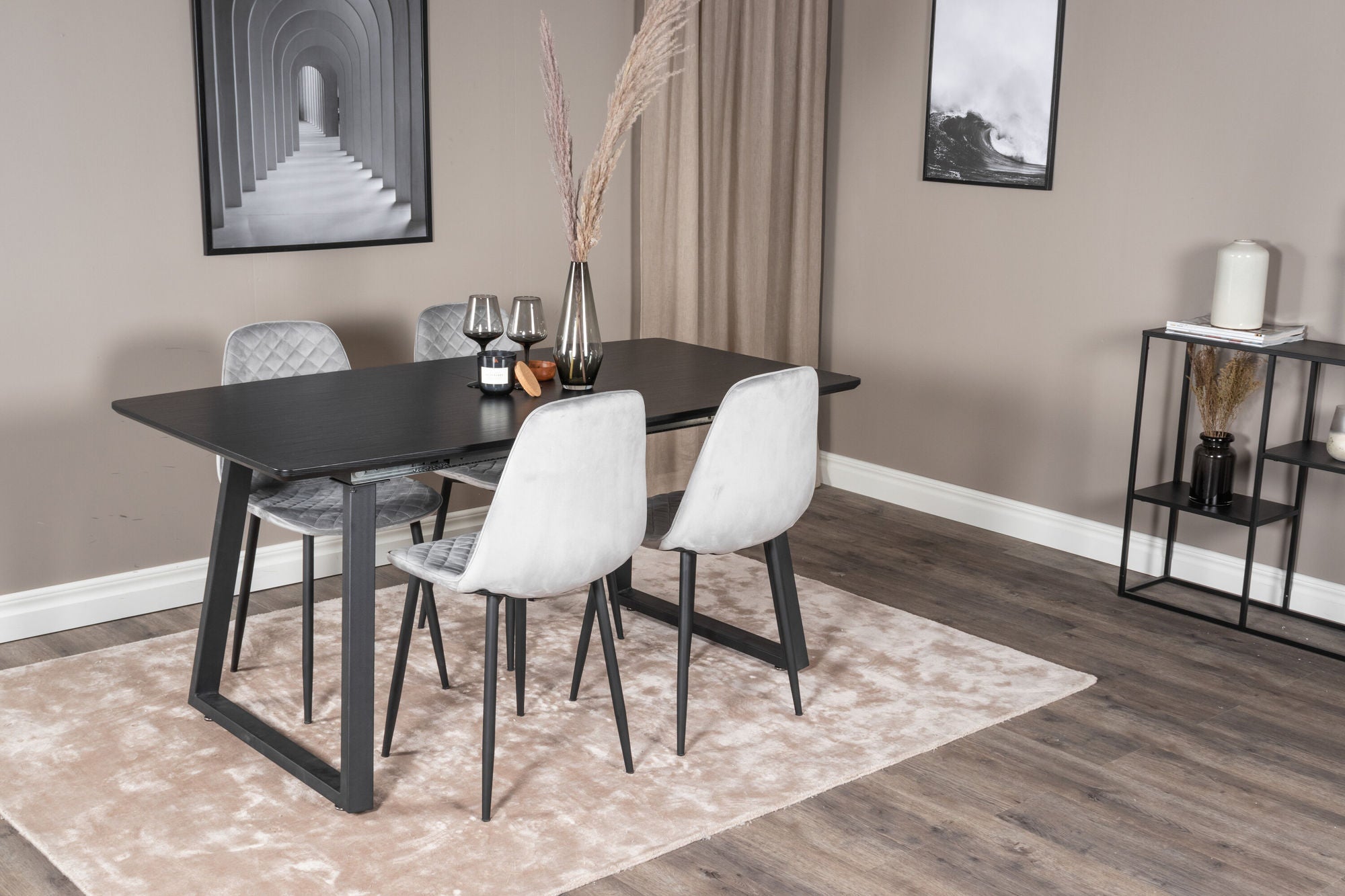 Venture Home Inca Extentionbord - Black top / black Legs+Polar Diamond Spisebordsstol - Black Legs - Grey Velvet_4