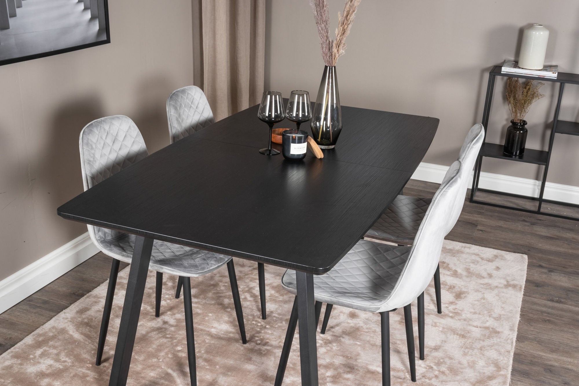 Venture Home Inca Extentionbord - Black top / black Legs+Polar Diamond Spisebordsstol - Black Legs - Grey Velvet_4