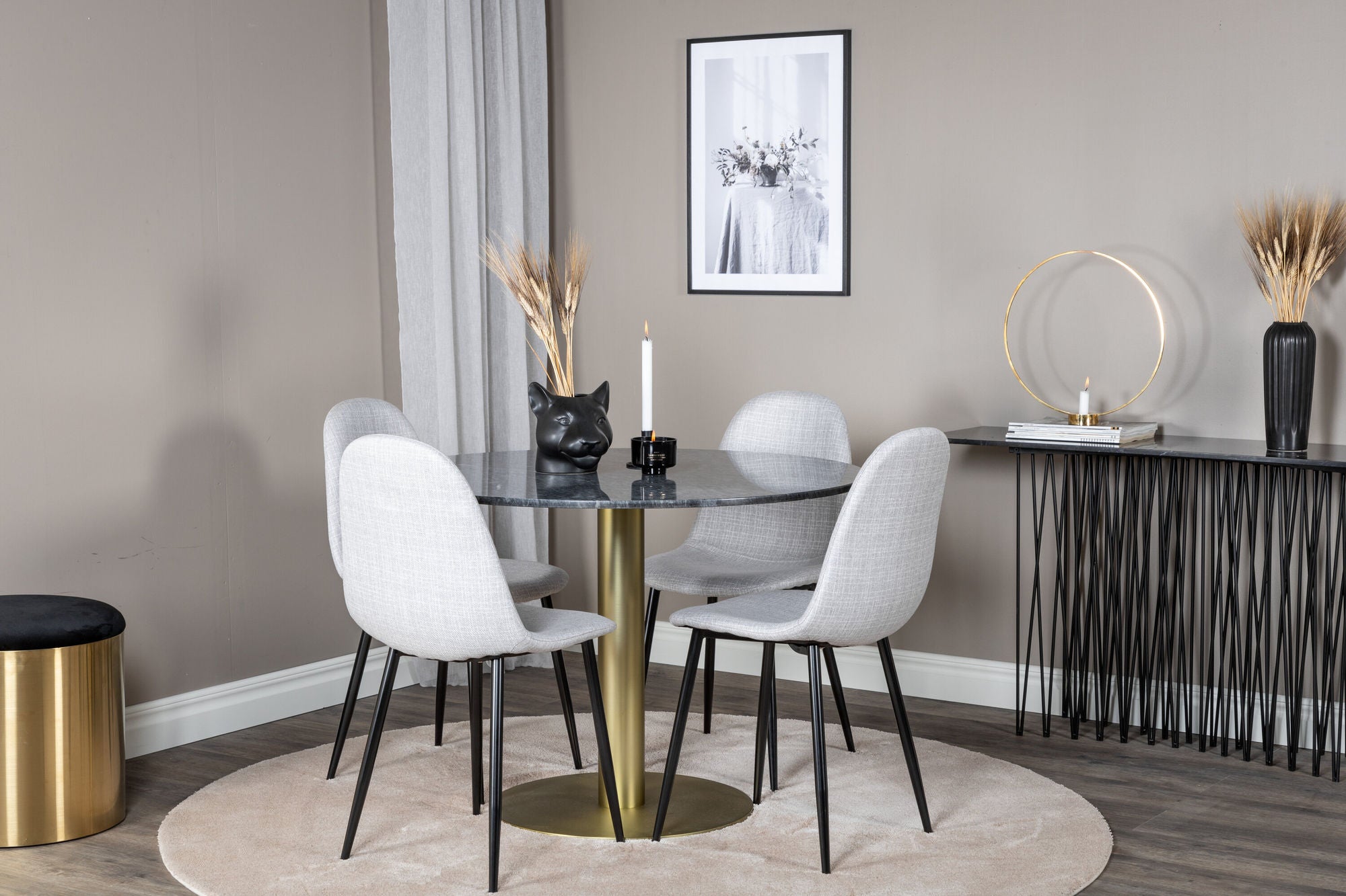 Venture Home Estelle rund spisebord ø106 H75 - Black / Brass+Polar Spisebordsstol - Black Legs - Light Grey Fabric_4