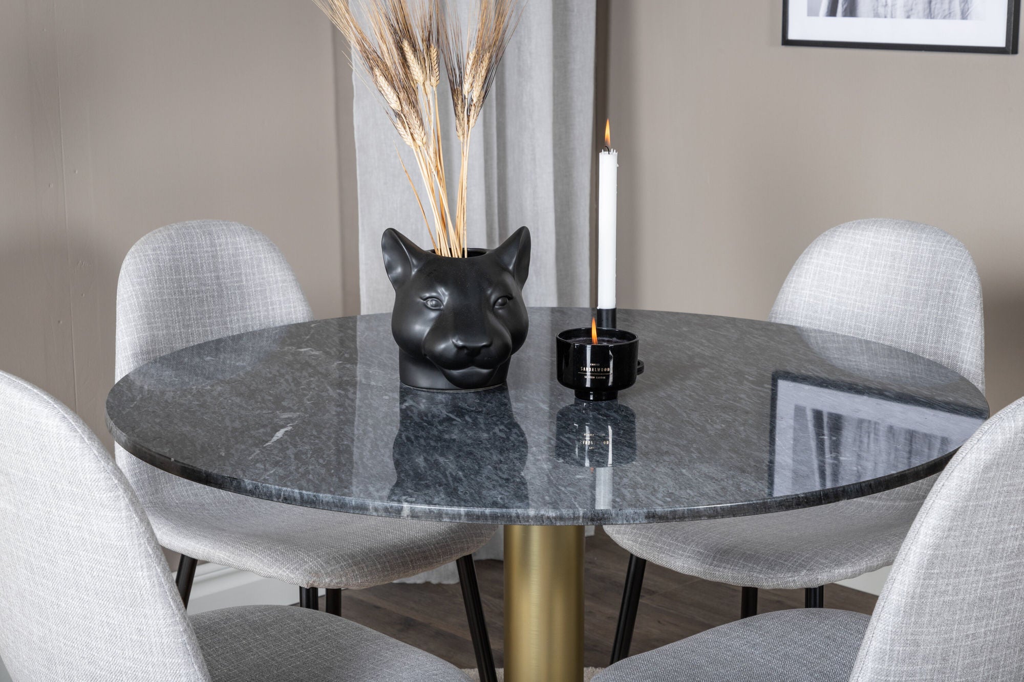 Venture Home Estelle rund spisebord ø106 H75 - Black / Brass+Polar Spisebordsstol - Black Legs - Light Grey Fabric_4