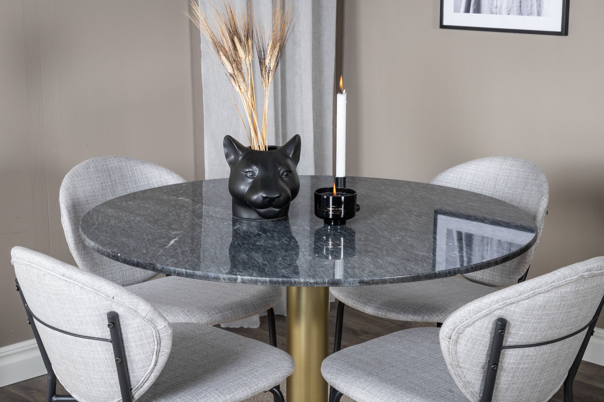 Venture Home Estelle rund spisebord ø106 H75 - Black / Brass+Vault Spisebordsstol - Black Legs - Grey Fabric_4