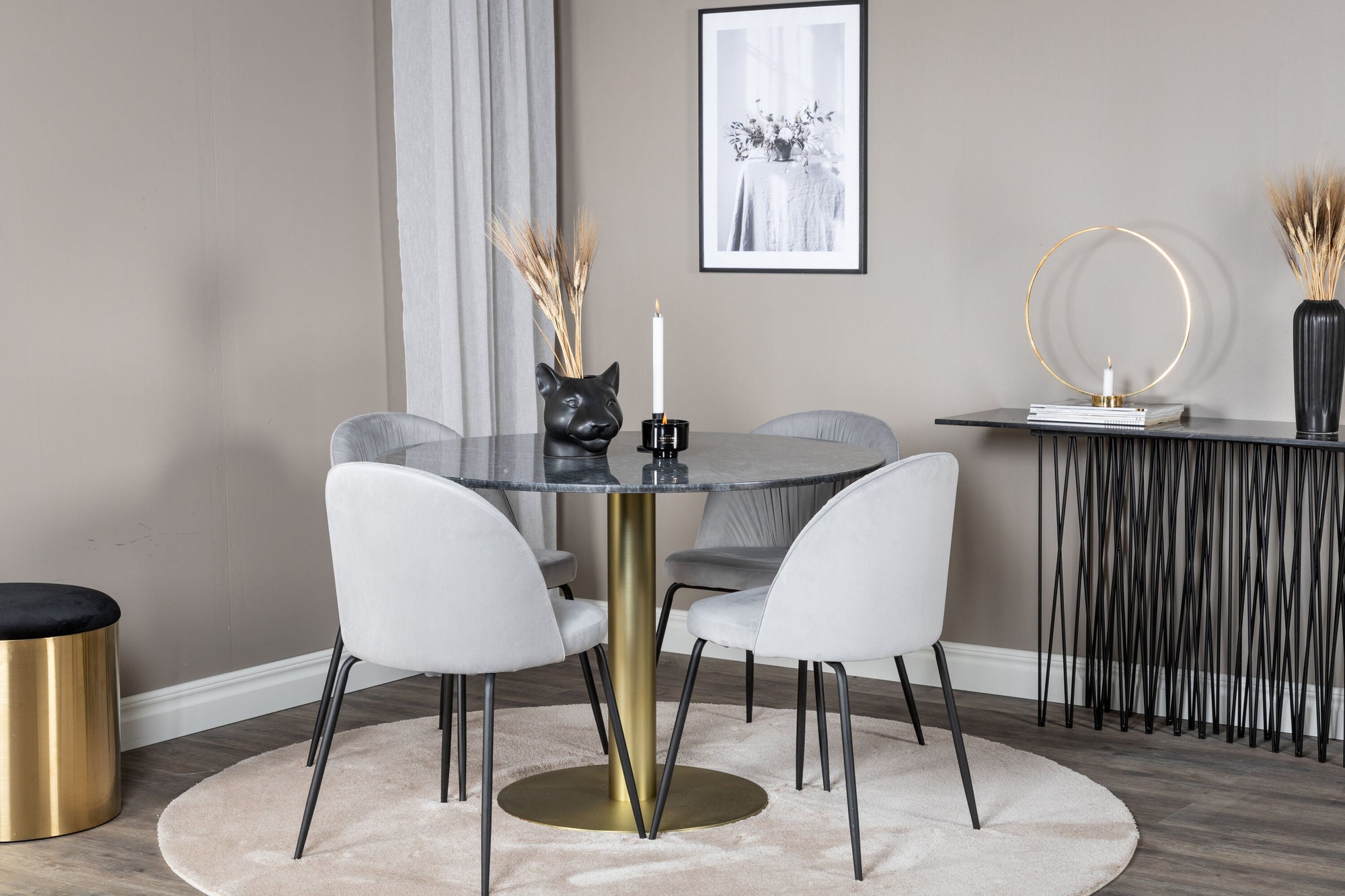 Venture Home Estelle rund spisebord ø106 H75 - Black / Brass+Wrinkles Spisebordsstol - Black Legs - Grey Velvet_4