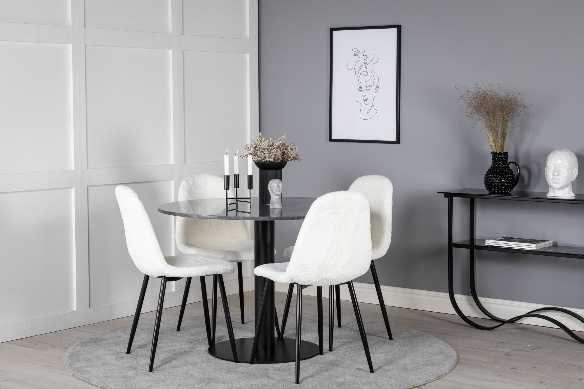 Venture Home Estelle rund spisebord ø106 H75 - Black / Black+Polar Fluff Spisebordsstol - Black Legs - White Teddy _4