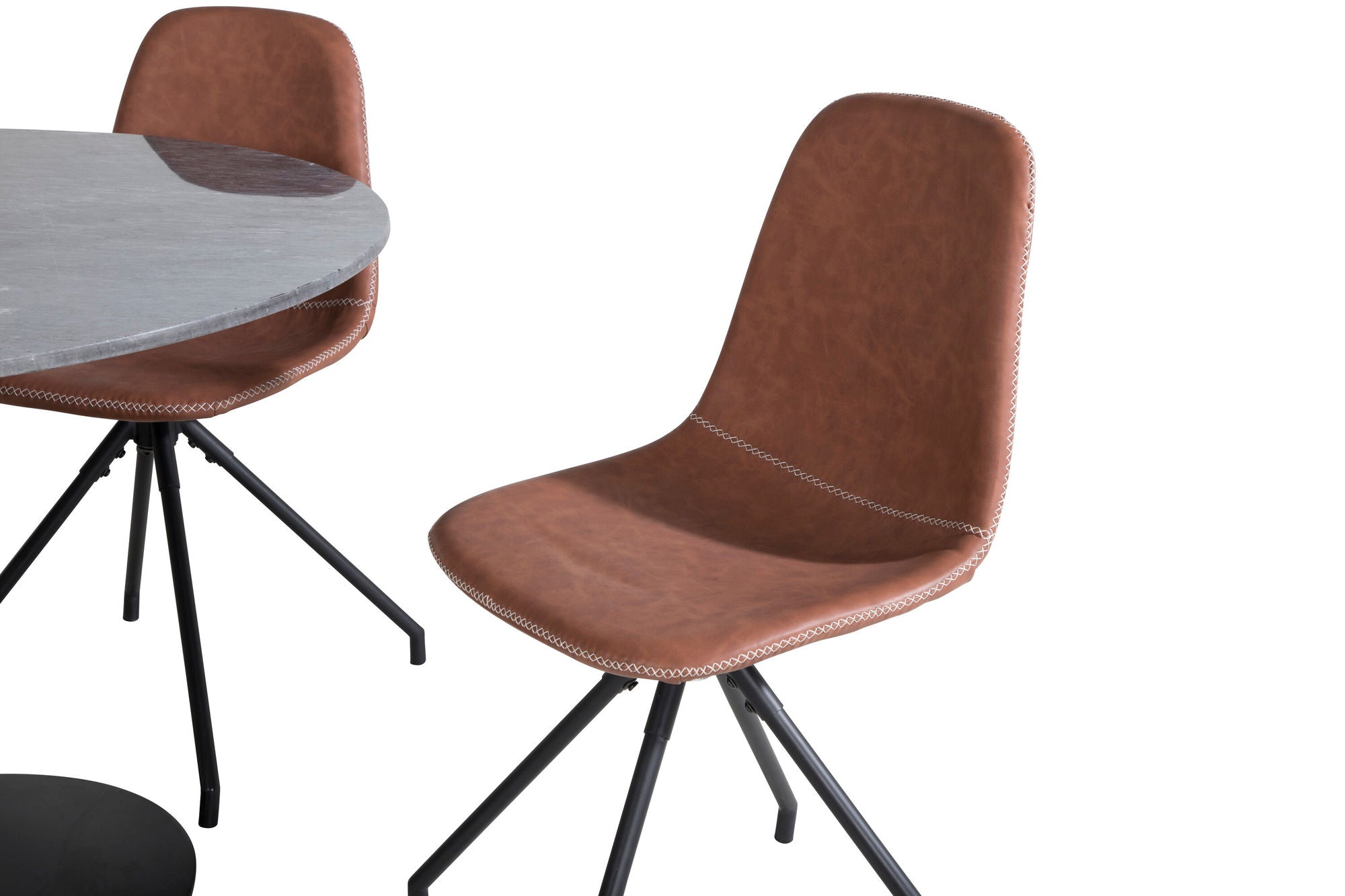 Venture Home Estelle rund spisebord ø106 H75 - Black / Black+Polar Spisebordsstol with Spin function - black Legs - Brown PU - White Stitches_4