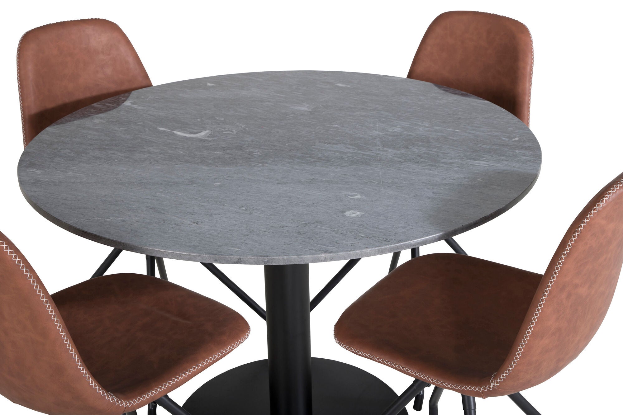 Venture Home Estelle rund spisebord ø106 H75 - Black / Black+Polar Spisebordsstol with Spin function - black Legs - Brown PU - White Stitches_4